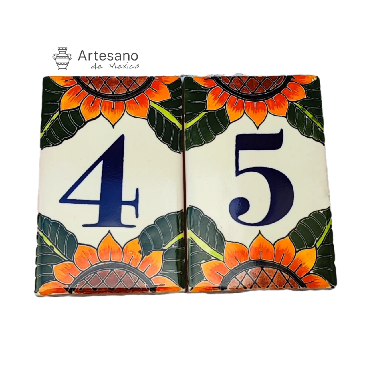 HAND-PAINTED ORANGE GREEN MEXICAN HOUSE NUMBER TILES