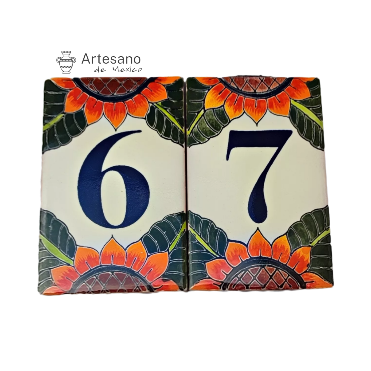 HAND-PAINTED ORANGE GREEN MEXICAN HOUSE NUMBER TILES