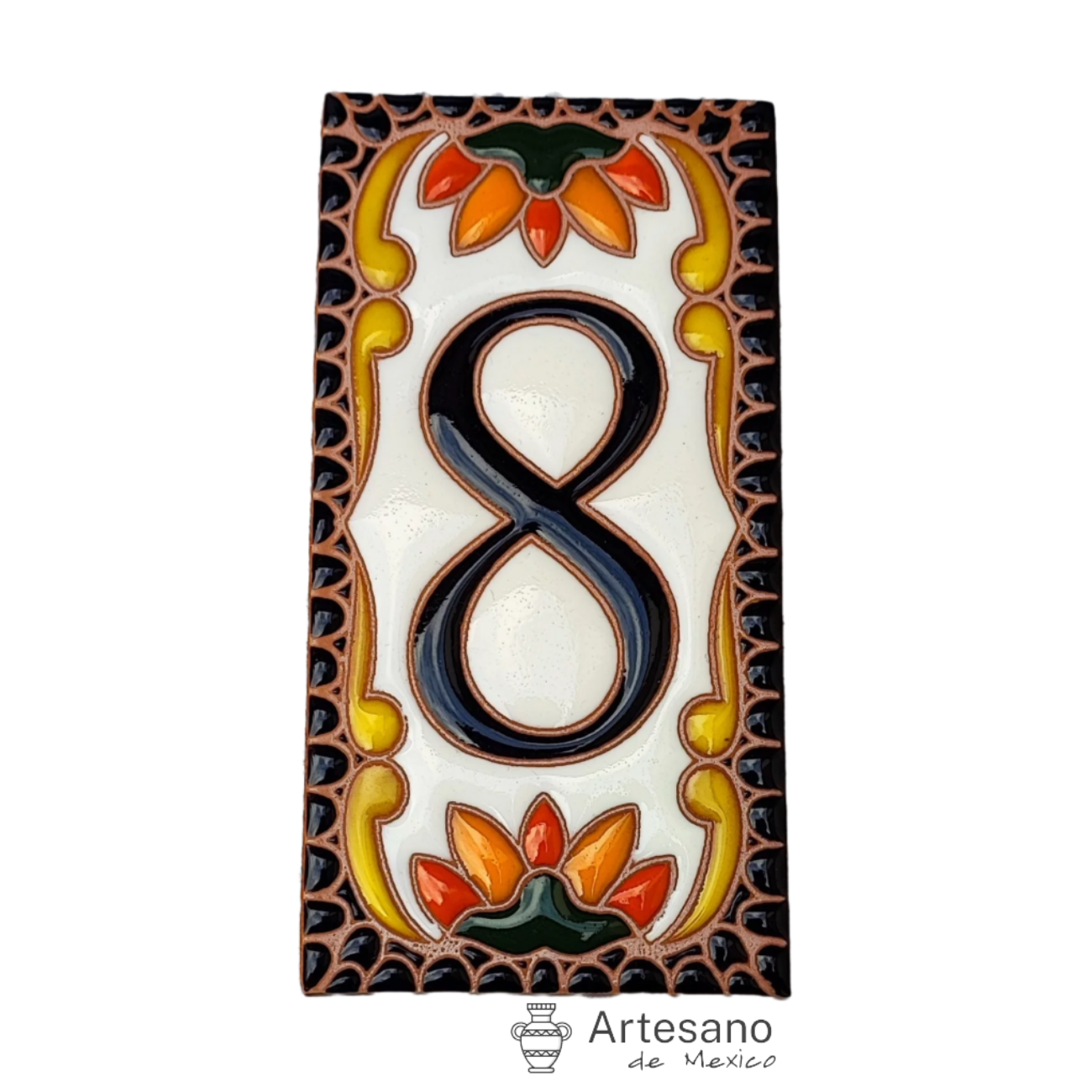 HAND - PAINTED BLACK ORANGE MEXICAN HOUSE NUMBERS TILES