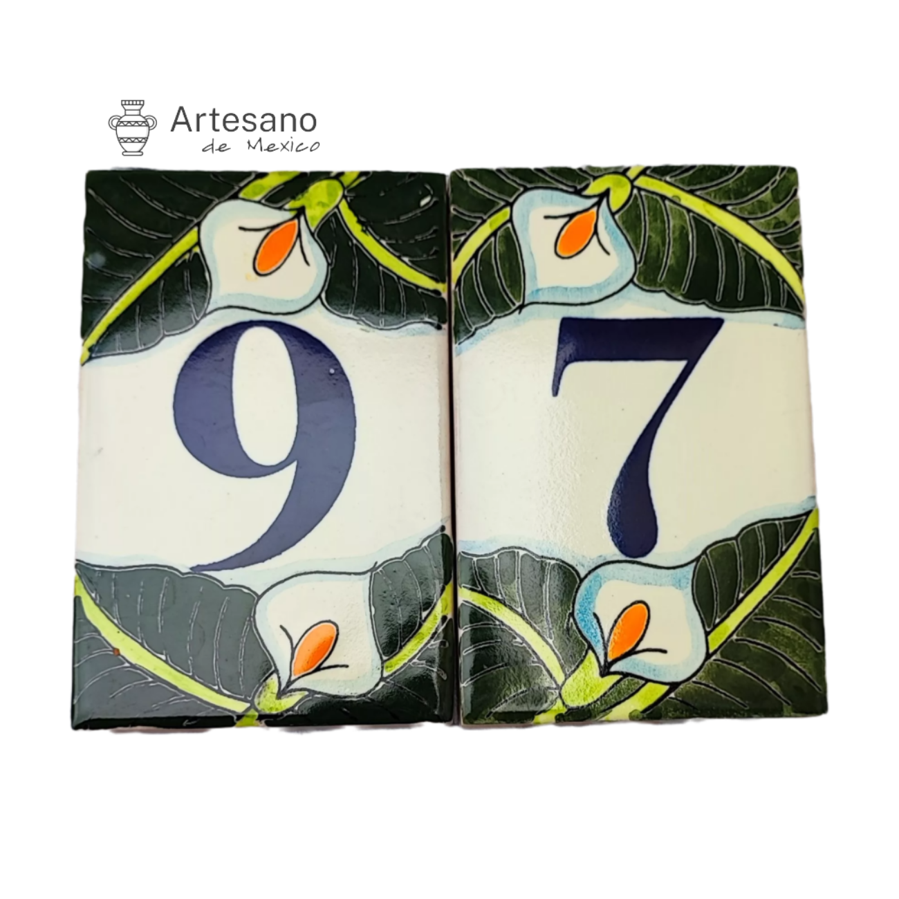 HAND-PAINTED GREEN BLUE MEXICAN HOUSE NUMBER TILES