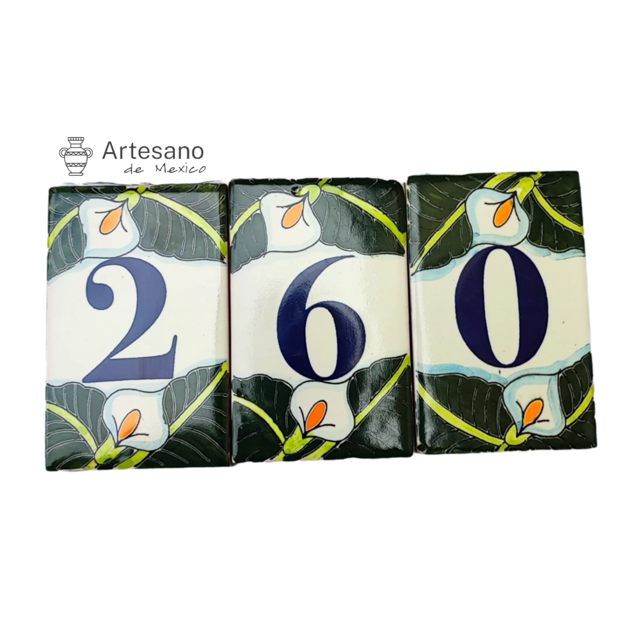 HAND-PAINTED GREEN BLUE MEXICAN HOUSE NUMBER TILES