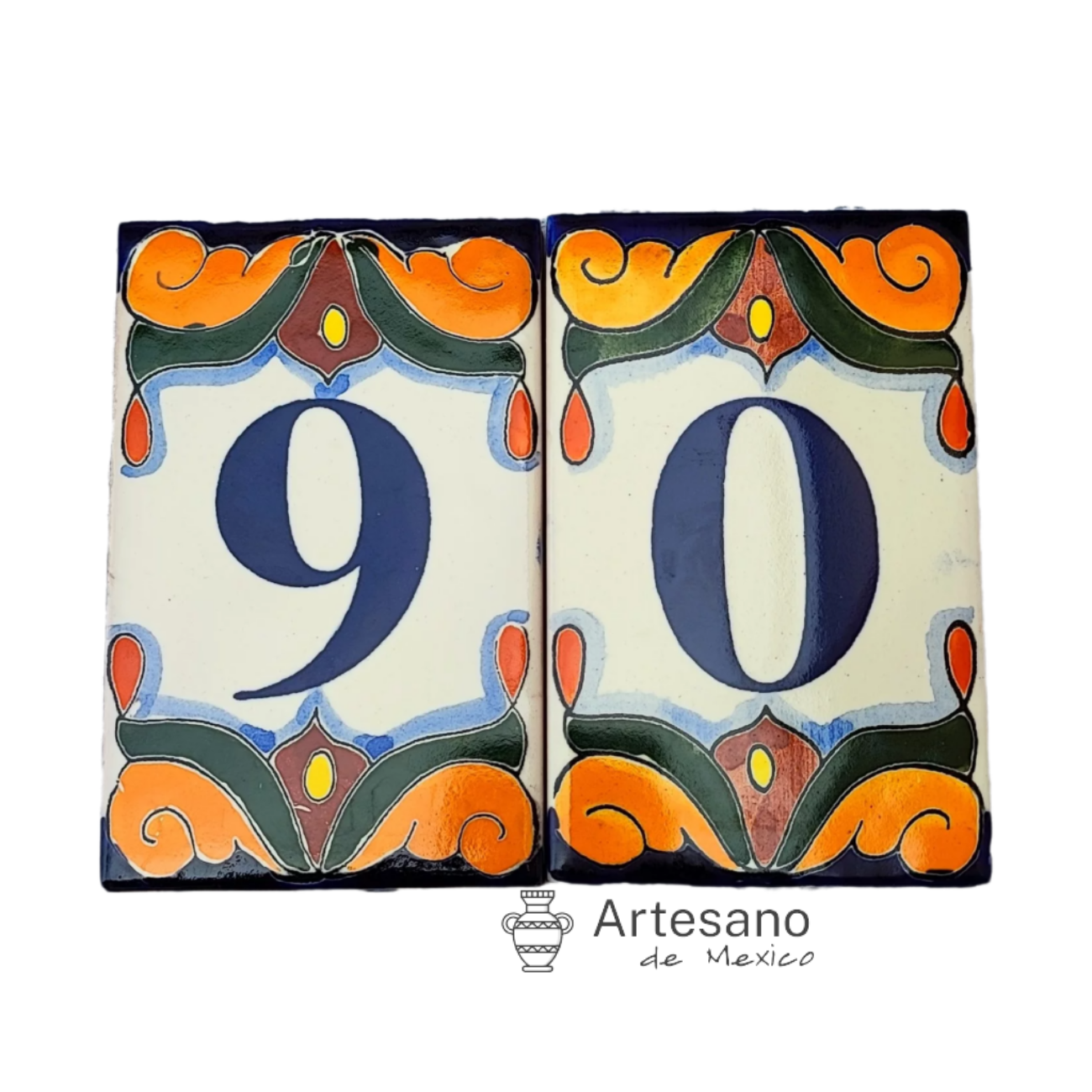 HAND-PAINTED ORANGE  BLUE MEXICAN HOUSE NUMBER TILES