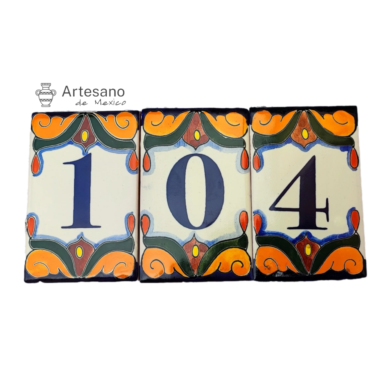 HAND-PAINTED ORANGE  BLUE MEXICAN HOUSE NUMBER TILES