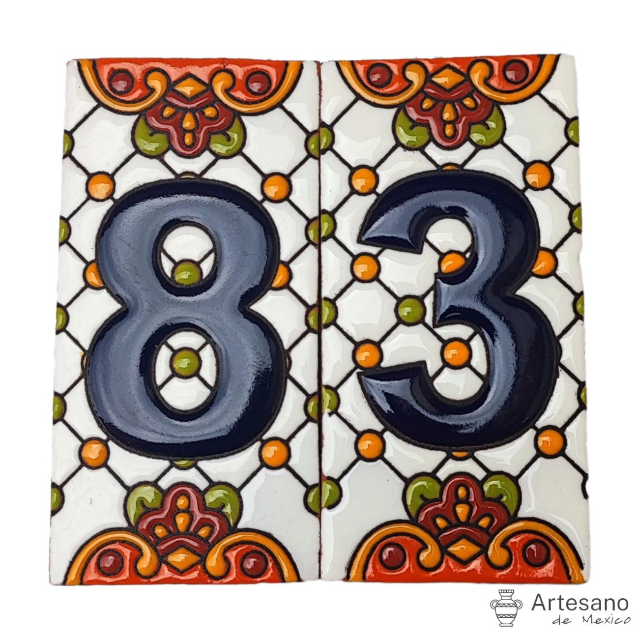 HAND - PAINTED ORANGE GREEN MEXICAN HOUSE NUMBERS TILES
