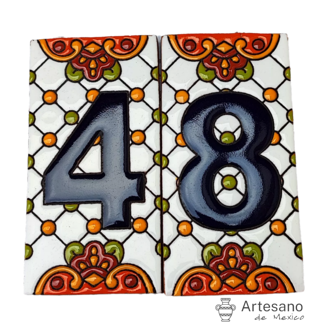 HAND - PAINTED ORANGE GREEN MEXICAN HOUSE NUMBERS TILES