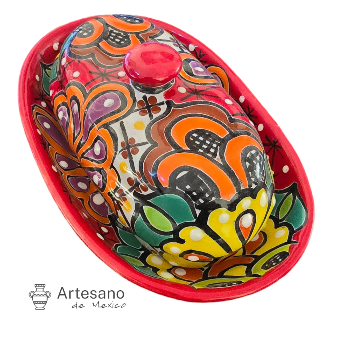 Talavera-style butter dish with lid