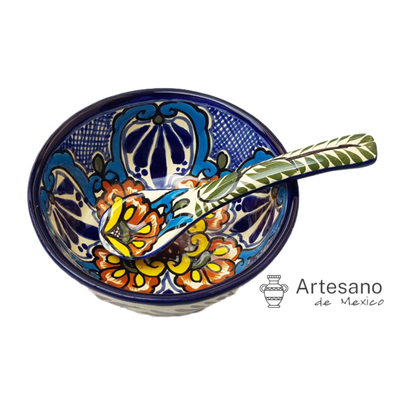Talavera-style 3-legged salsa bowl with ladle