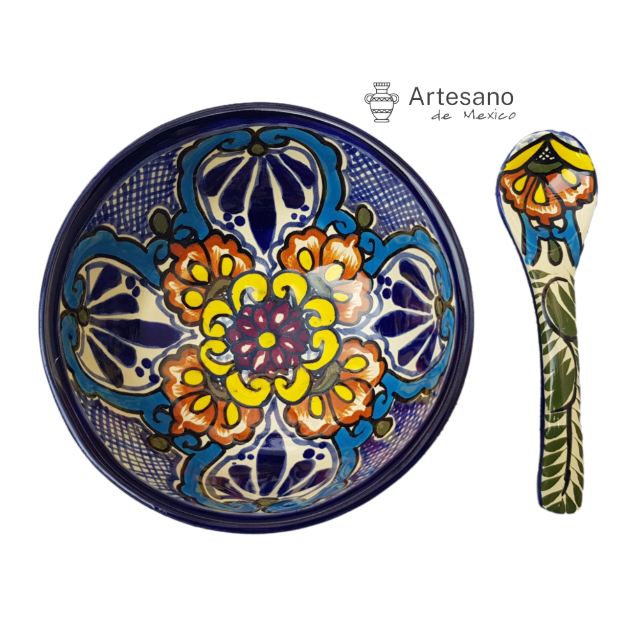 Talavera-style 3-legged salsa bowl with ladle