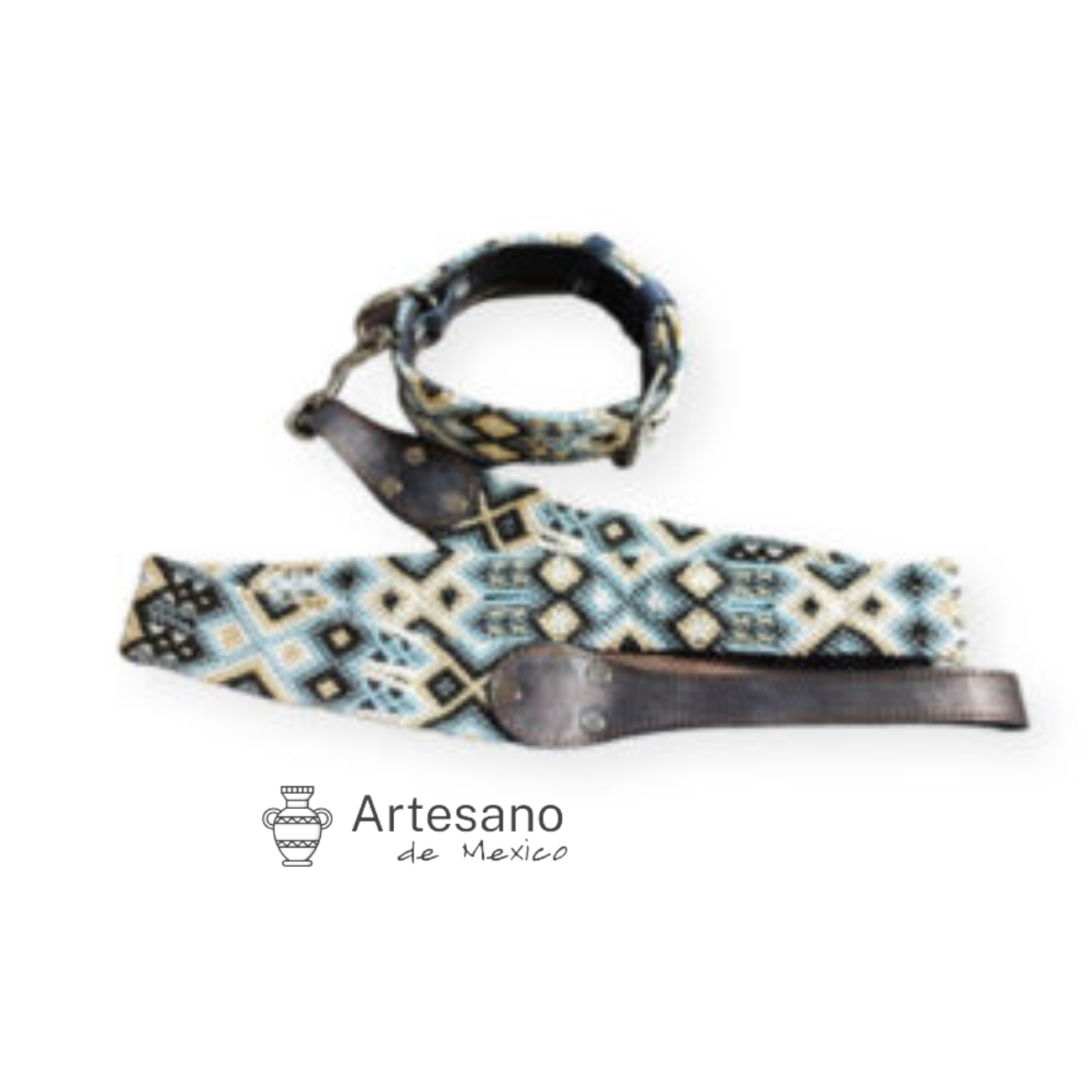 AUTHENTIC MEXICAN HANDWOVEN BLUE & CREAM DOG COLLAR WITH LEASH