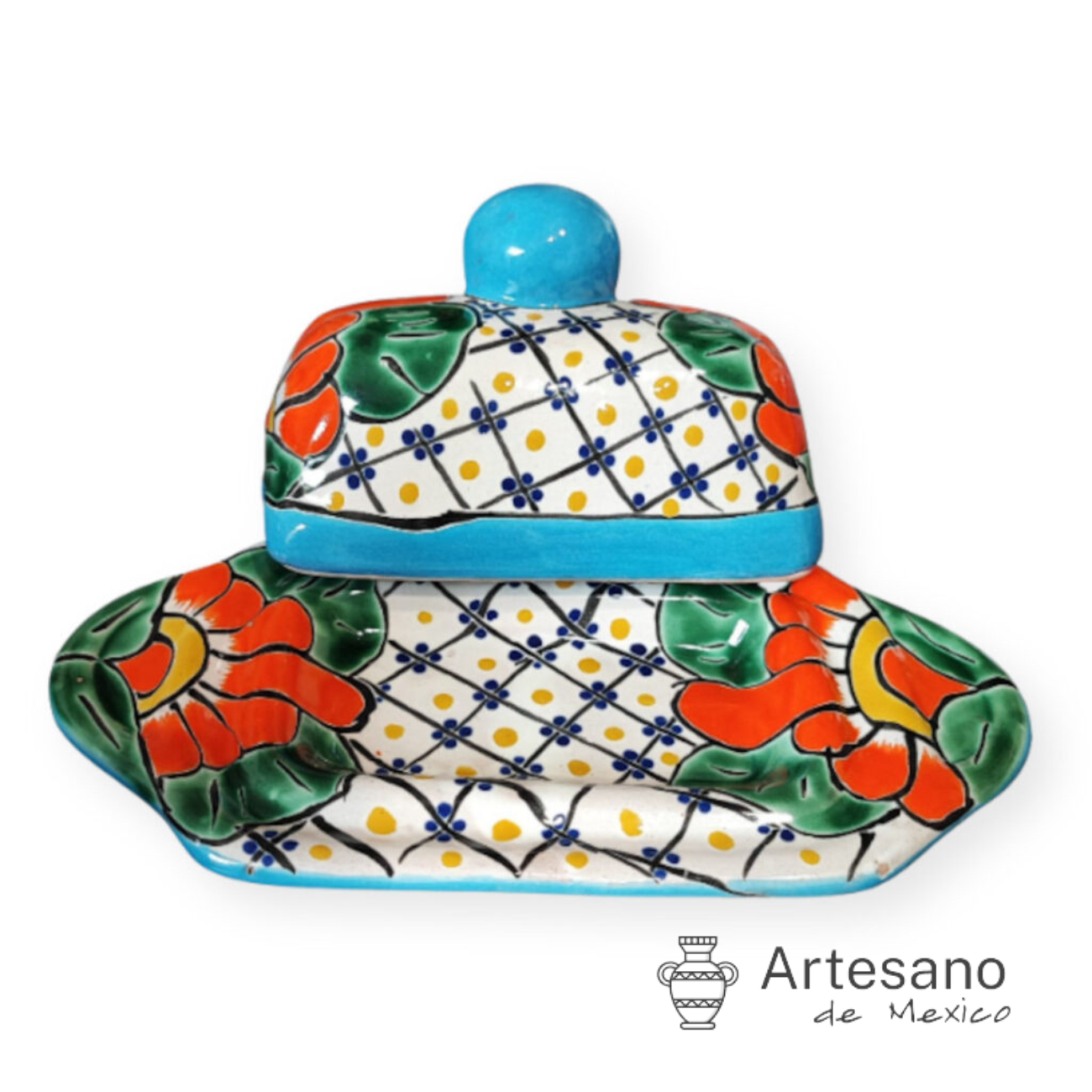 Talavera-style butter dish with lid