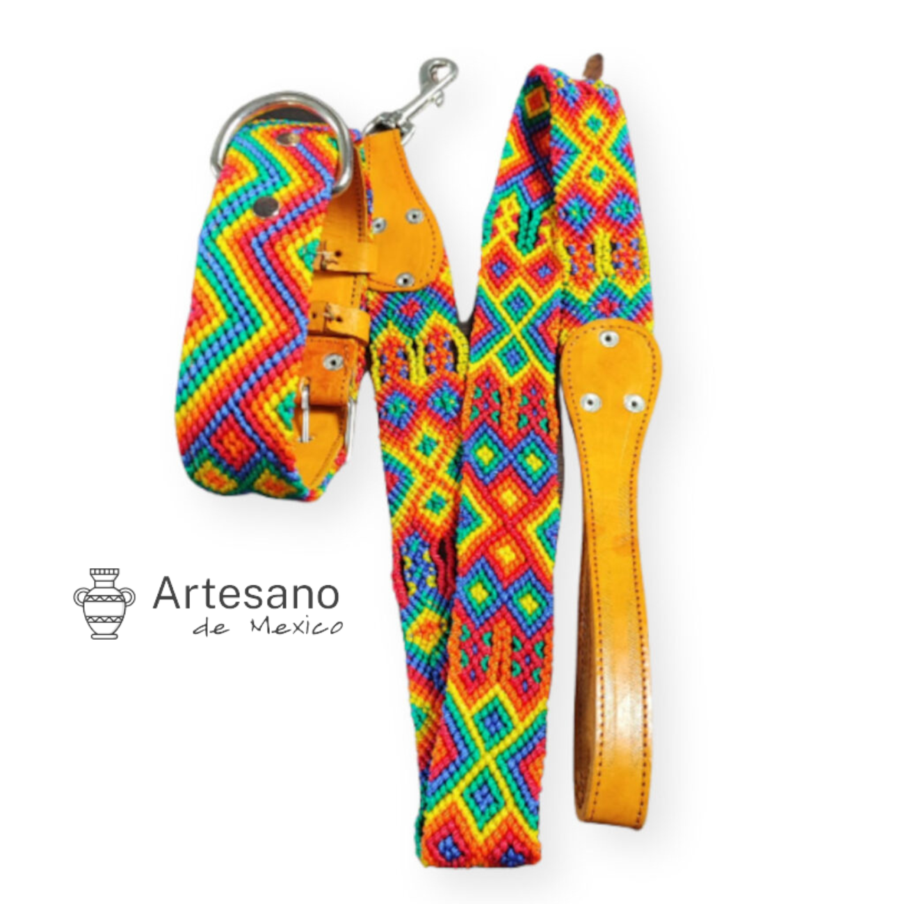 Authentic Mexican hand-woven dog collar with leash