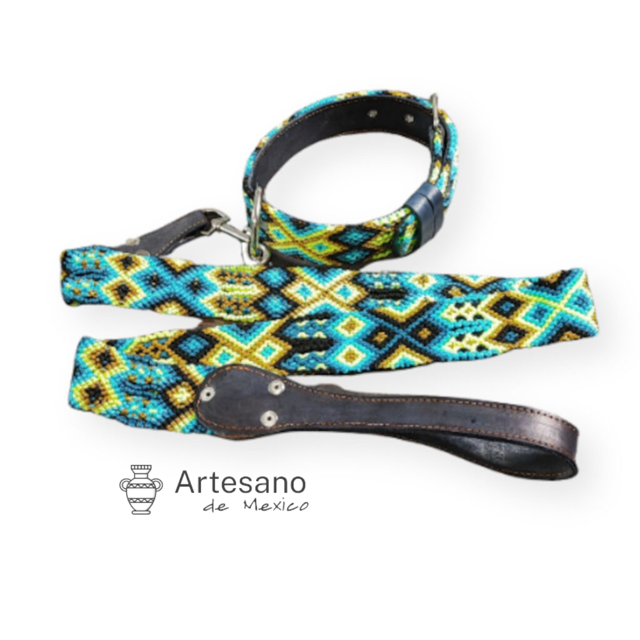 AUTHENTIC MEXICAN HANDWOVEN BLUE & YELLOW DOG COLLAR WITH LEASH