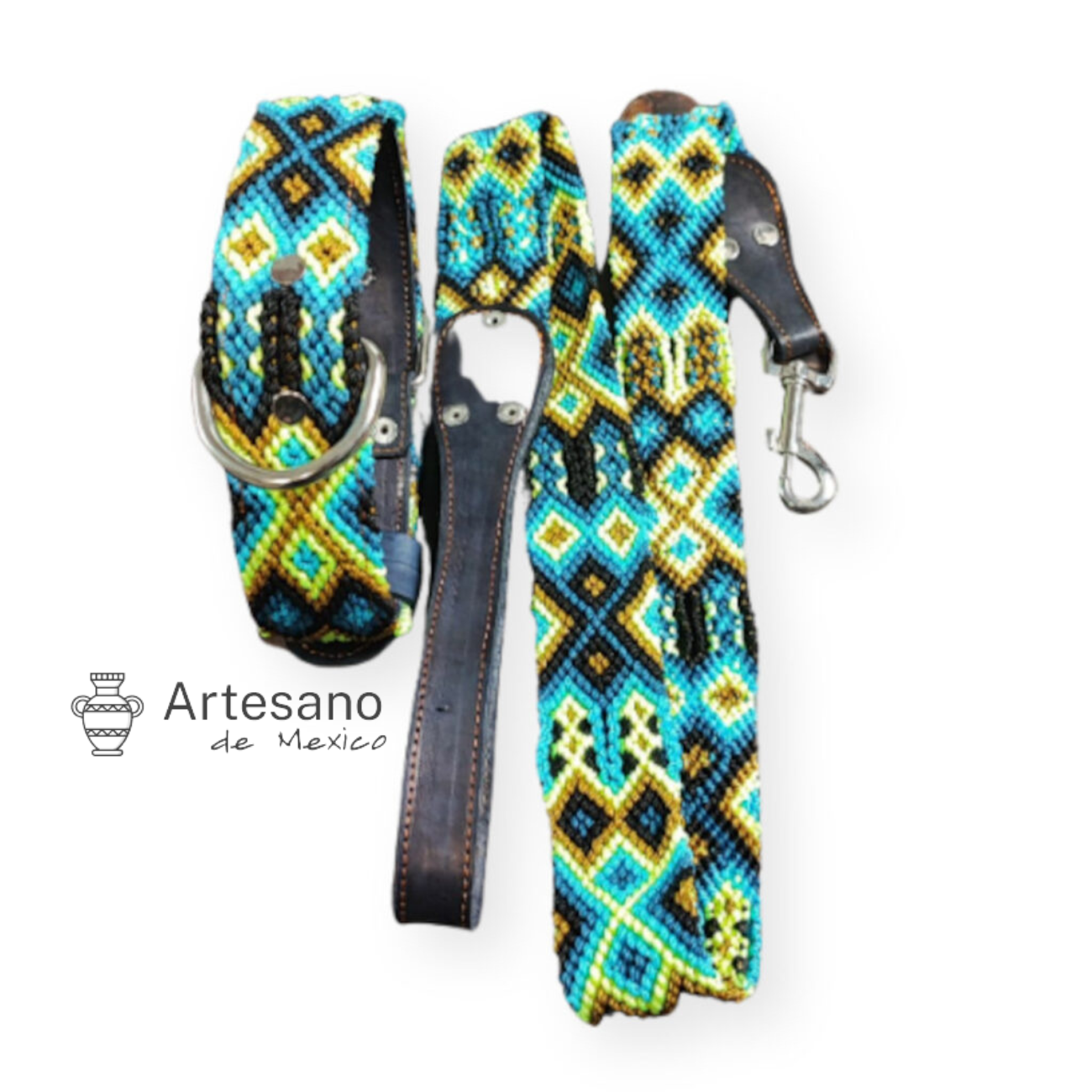 AUTHENTIC MEXICAN HANDWOVEN BLUE & YELLOW DOG COLLAR WITH LEASH