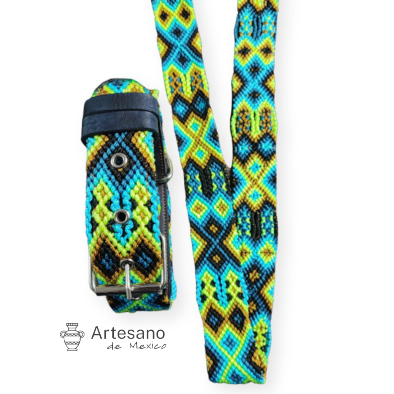 AUTHENTIC MEXICAN HANDWOVEN BLUE & YELLOW DOG COLLAR WITH LEASH
