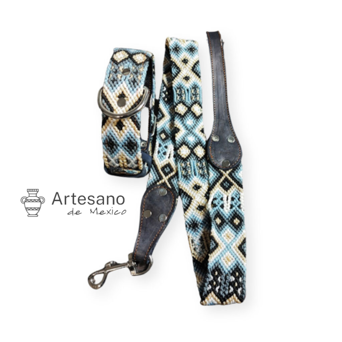AUTHENTIC MEXICAN HANDWOVEN BLUE & CREAM DOG COLLAR WITH LEASH