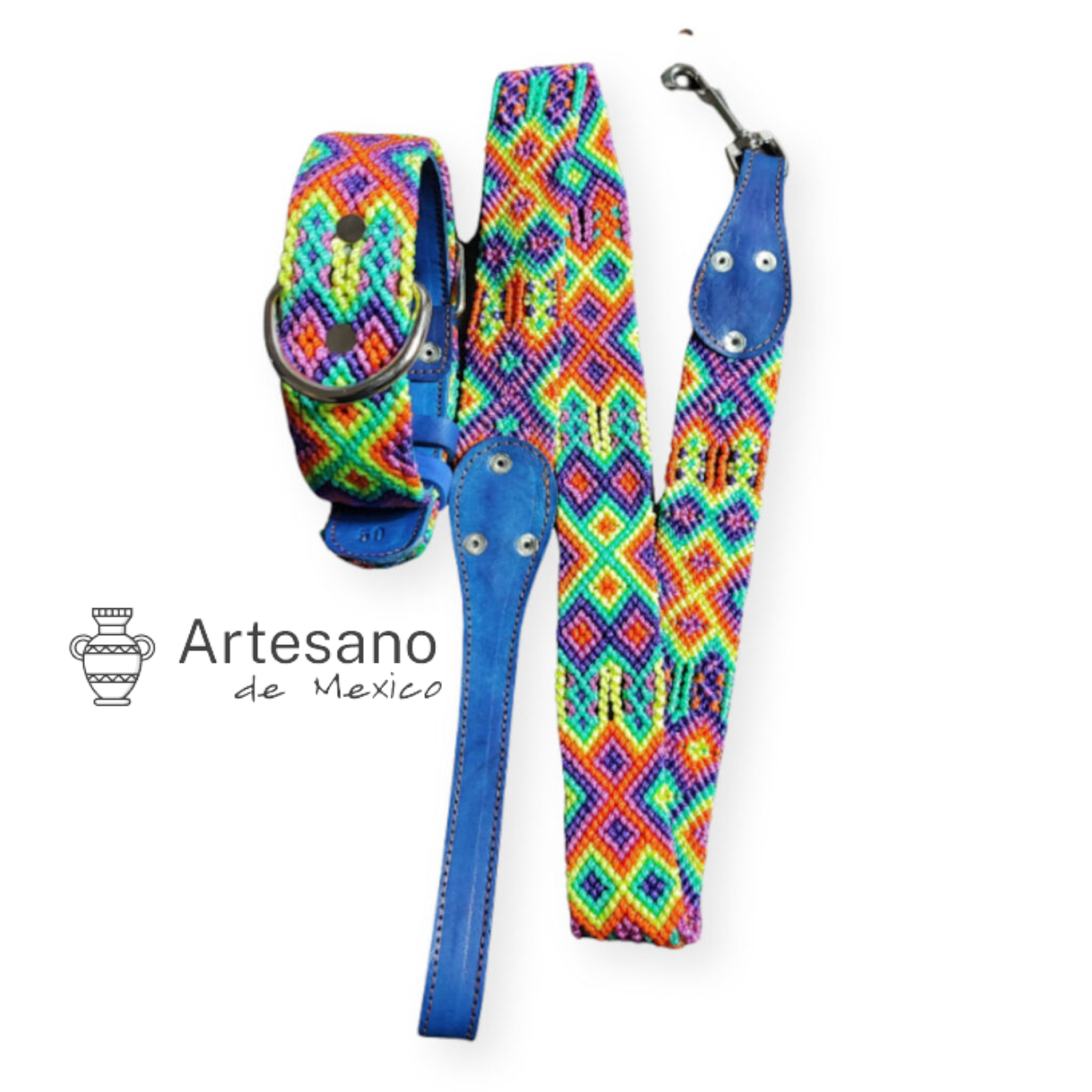 AUTHENTIC MEXICAN HANDWOVEN ORANGE & GREEN DOG COLLAR WITH LEASH