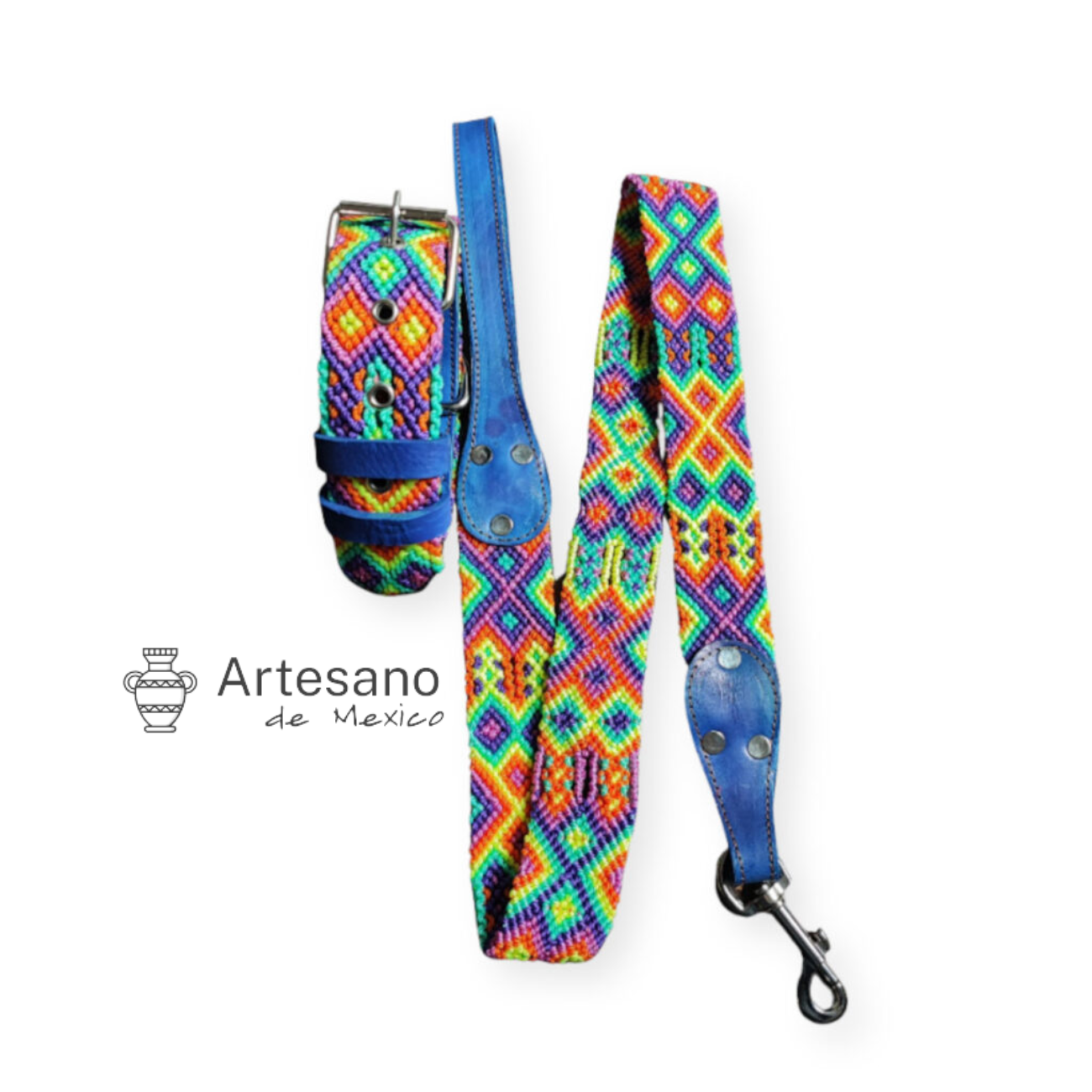 AUTHENTIC MEXICAN HANDWOVEN ORANGE & GREEN DOG COLLAR WITH LEASH