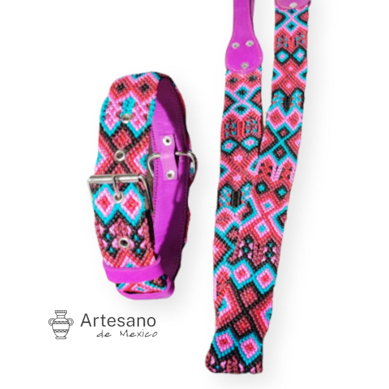 Authentic Mexican hand-woven dog collar with leash