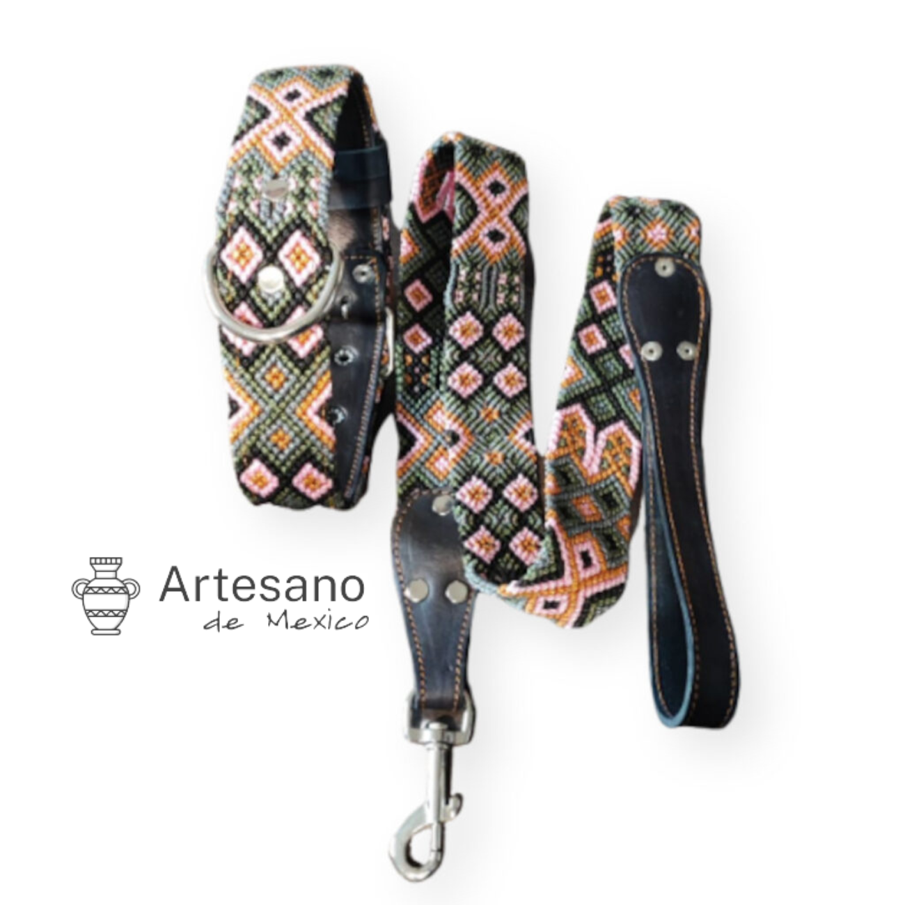 Authentic Mexican hand-woven dog collar with leash
