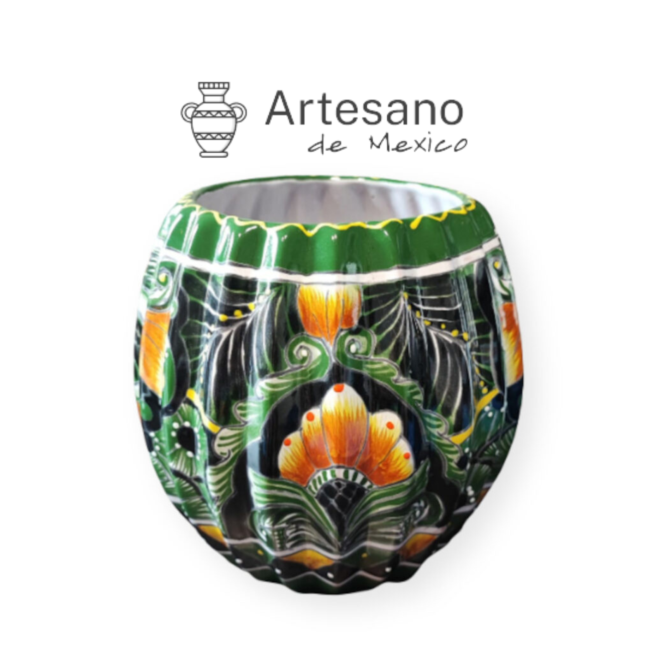Talavera - style Round Ribbed Flower Pot