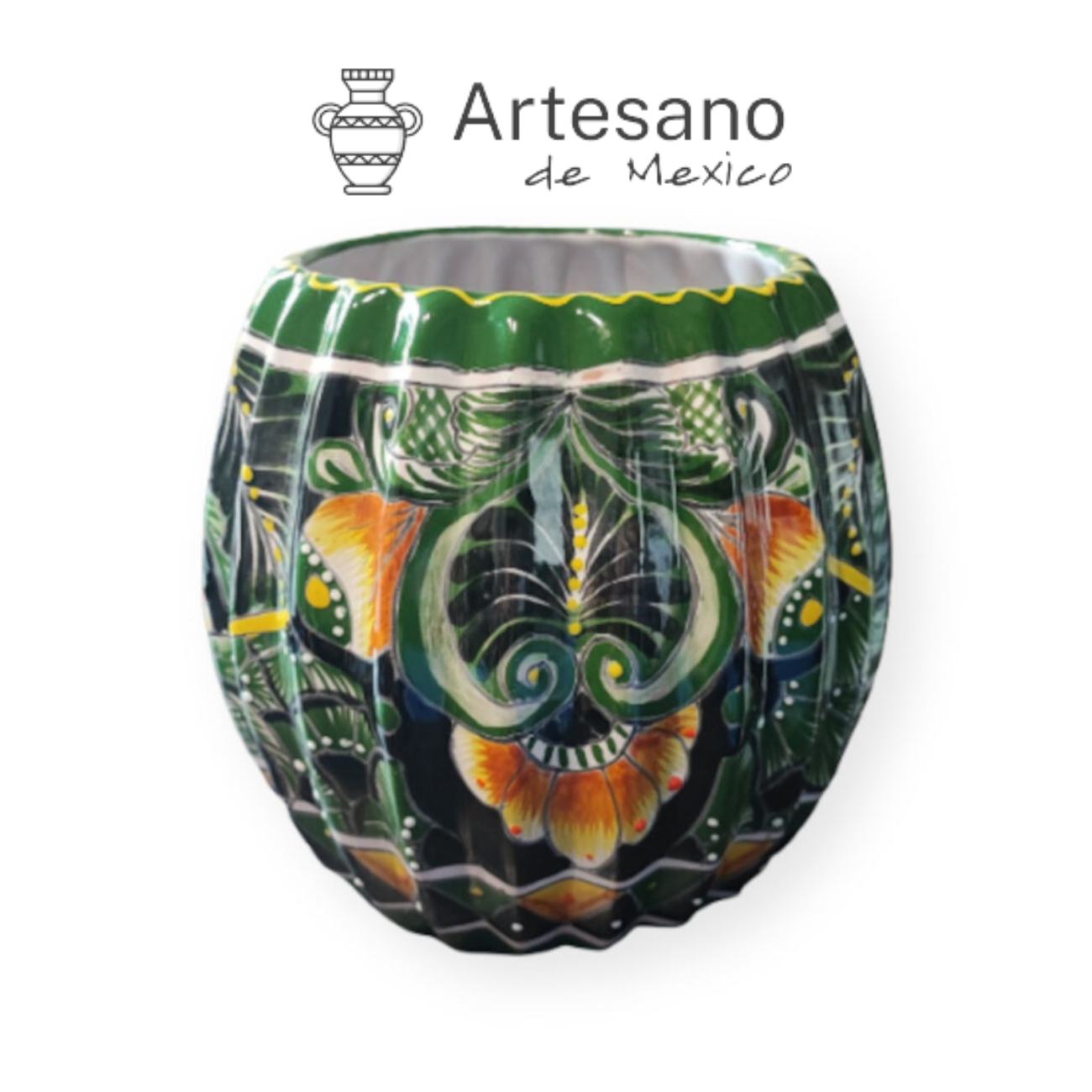 Talavera - style Round Ribbed Flower Pot