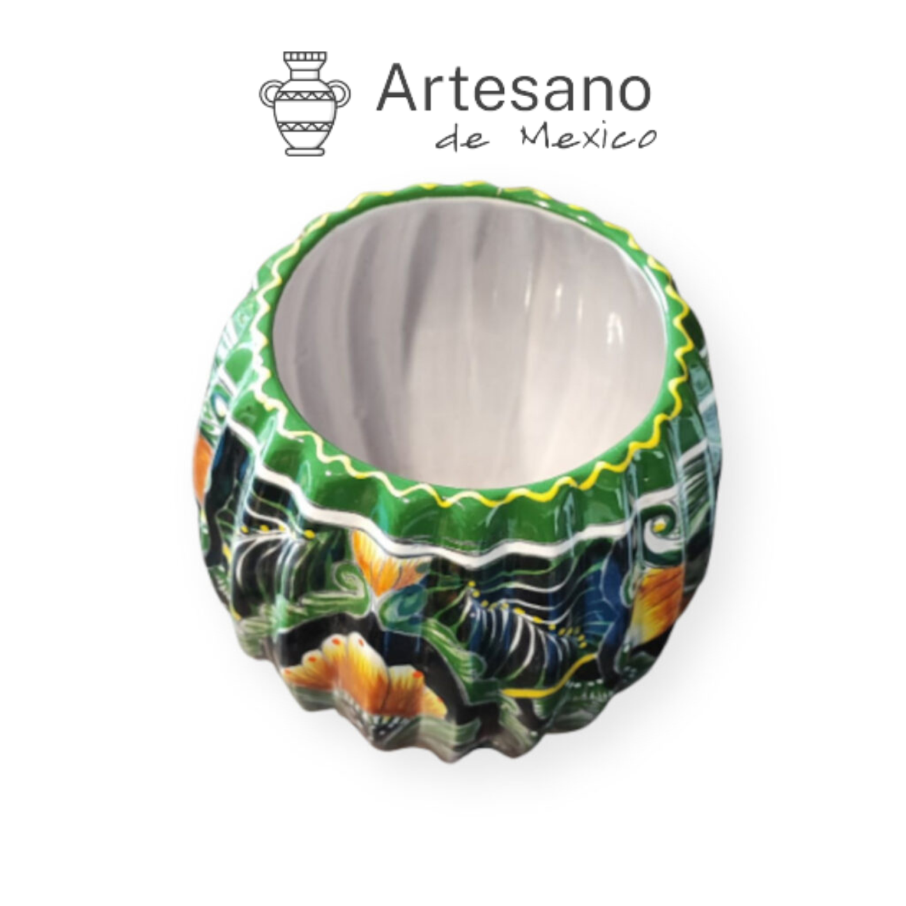 Talavera - style Round Ribbed Flower Pot