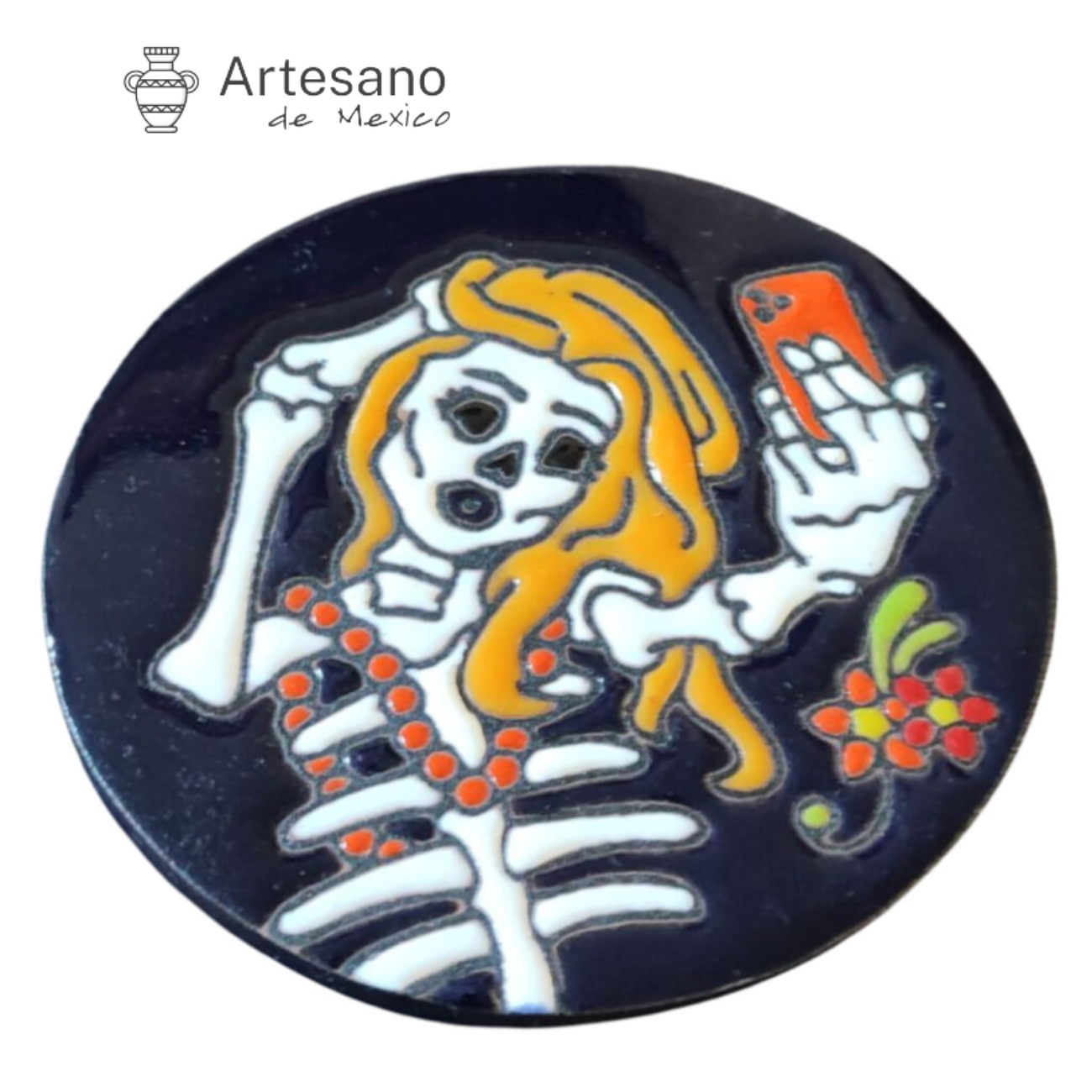 TRADITIONAL MEXICAN HAND-PAINTED CERAMIC SKELETON SELFIE COASTER