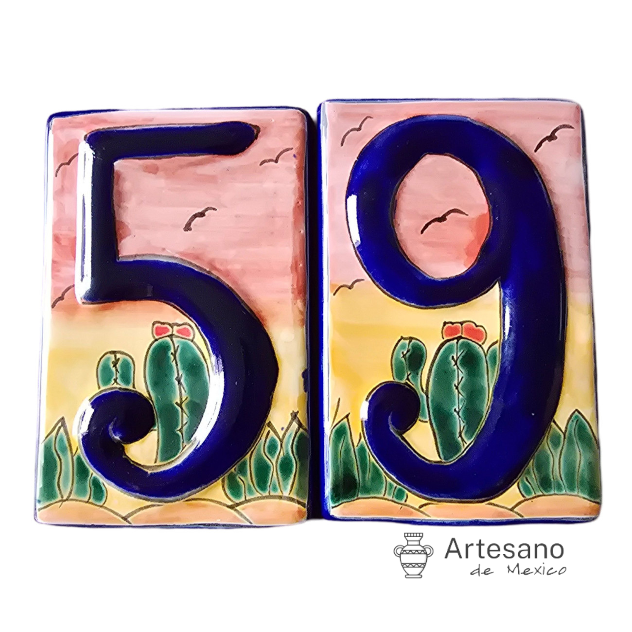HAND-PAINTED GREEN YELLOW MEXICAN HOUSE NUMBER TILES