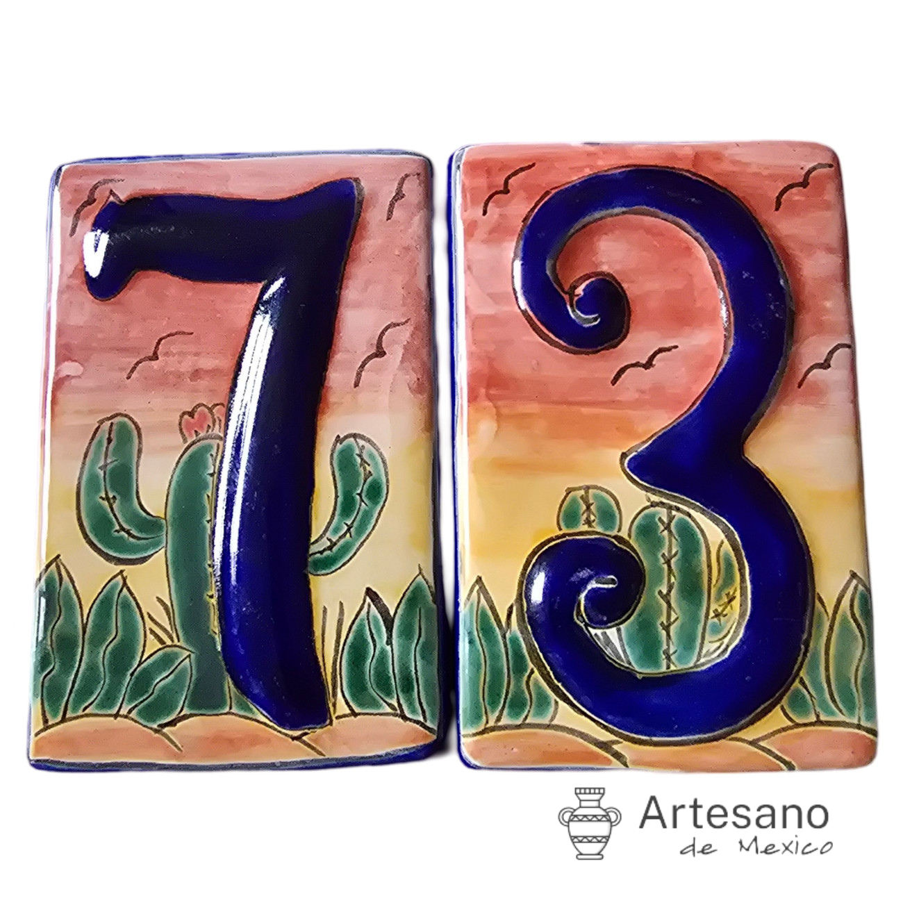HAND-PAINTED GREEN YELLOW MEXICAN HOUSE NUMBER TILES