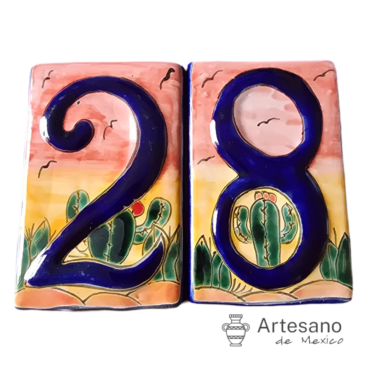 HAND-PAINTED GREEN YELLOW MEXICAN HOUSE NUMBER TILES