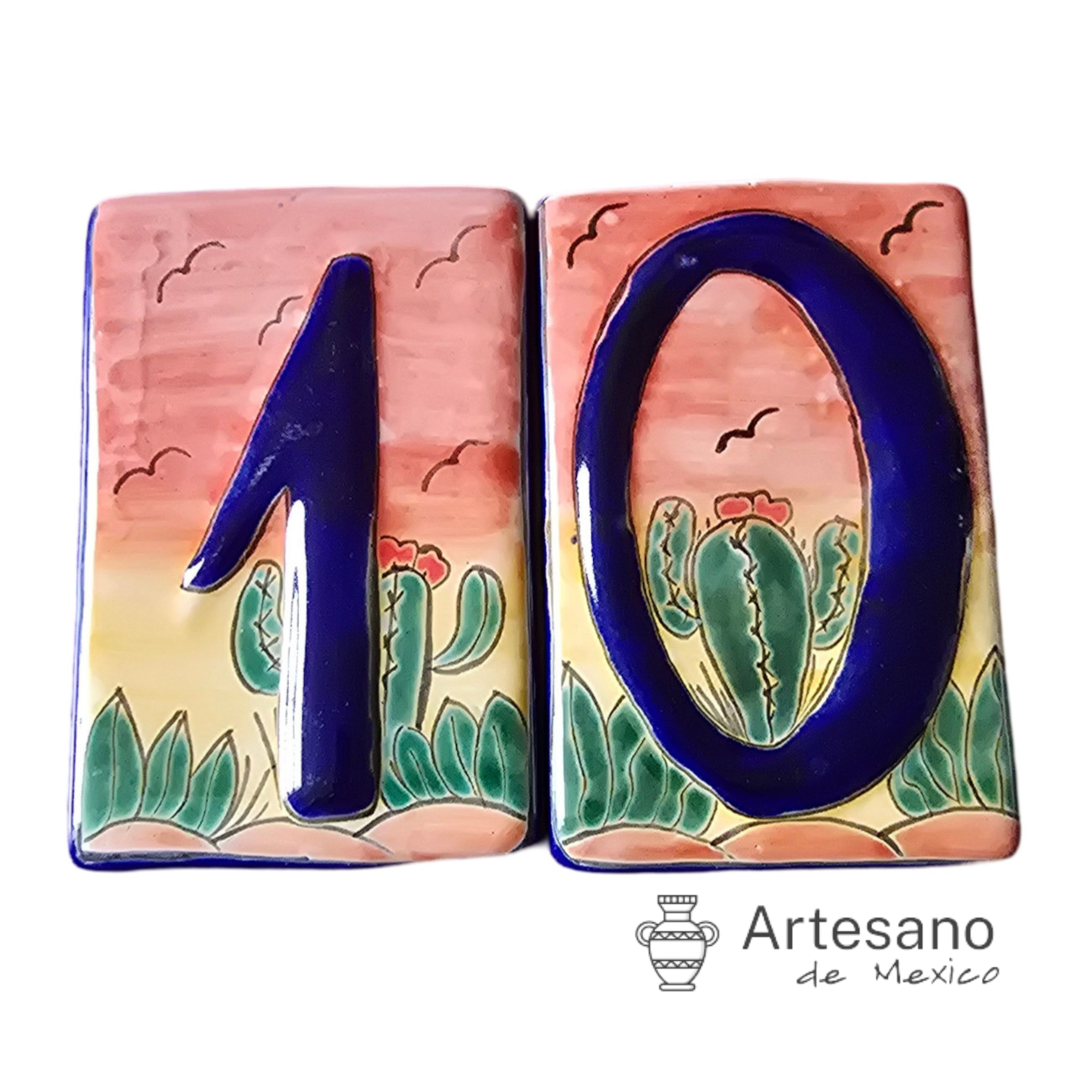 HAND-PAINTED GREEN YELLOW MEXICAN HOUSE NUMBER TILES