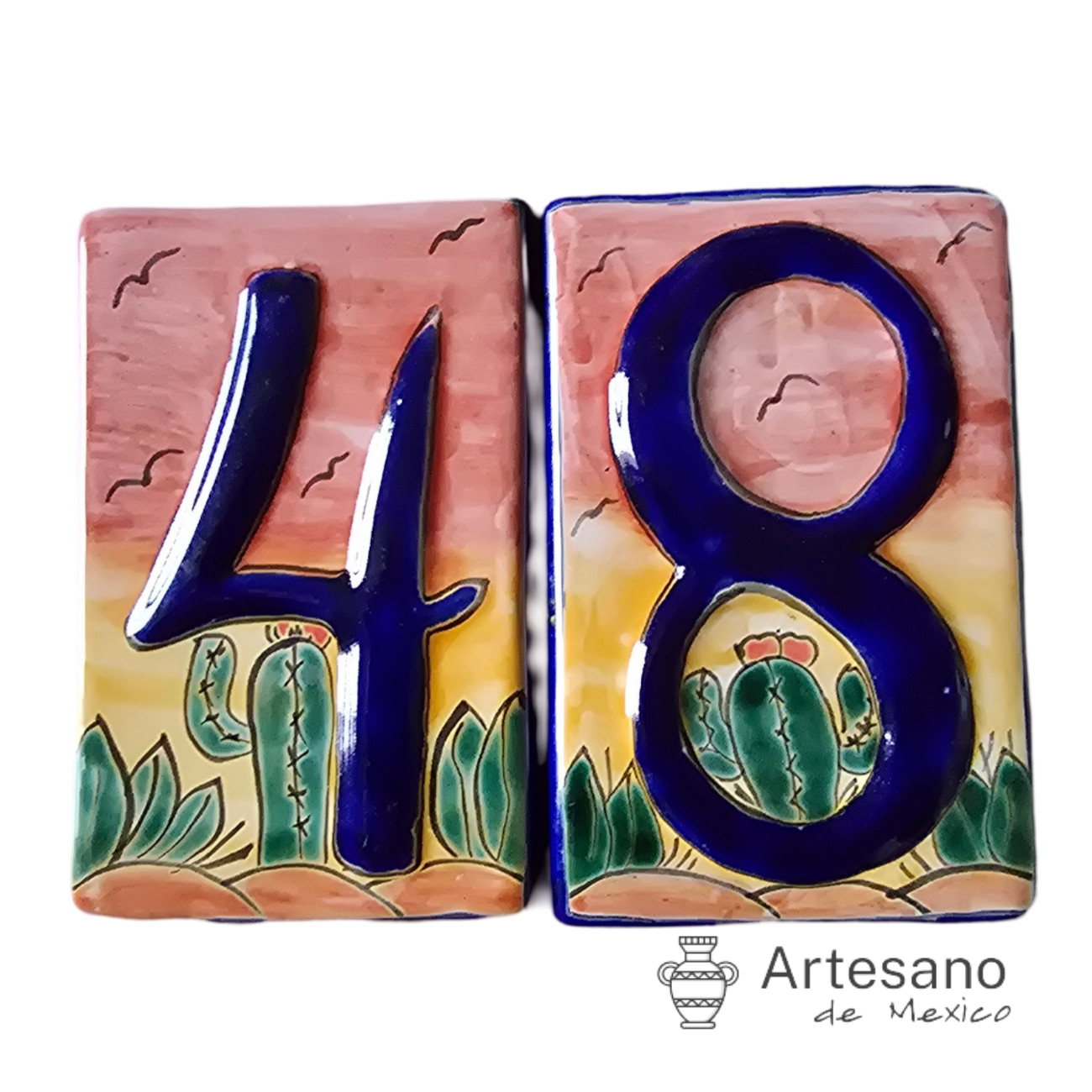 HAND-PAINTED GREEN YELLOW MEXICAN HOUSE NUMBER TILES