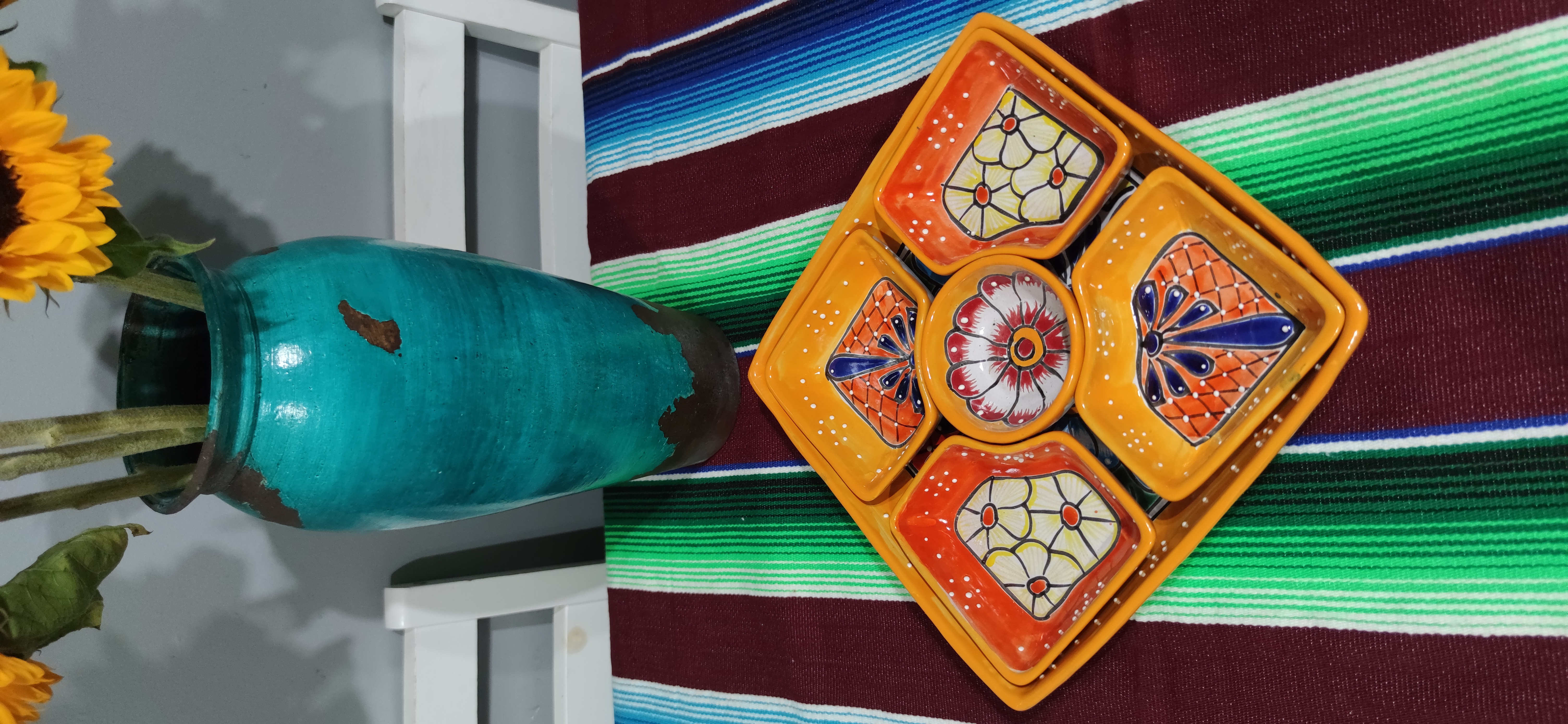 Mexican Hand Made Ceramic Talavera Style Square Salsa Removable Bowls Folk Art