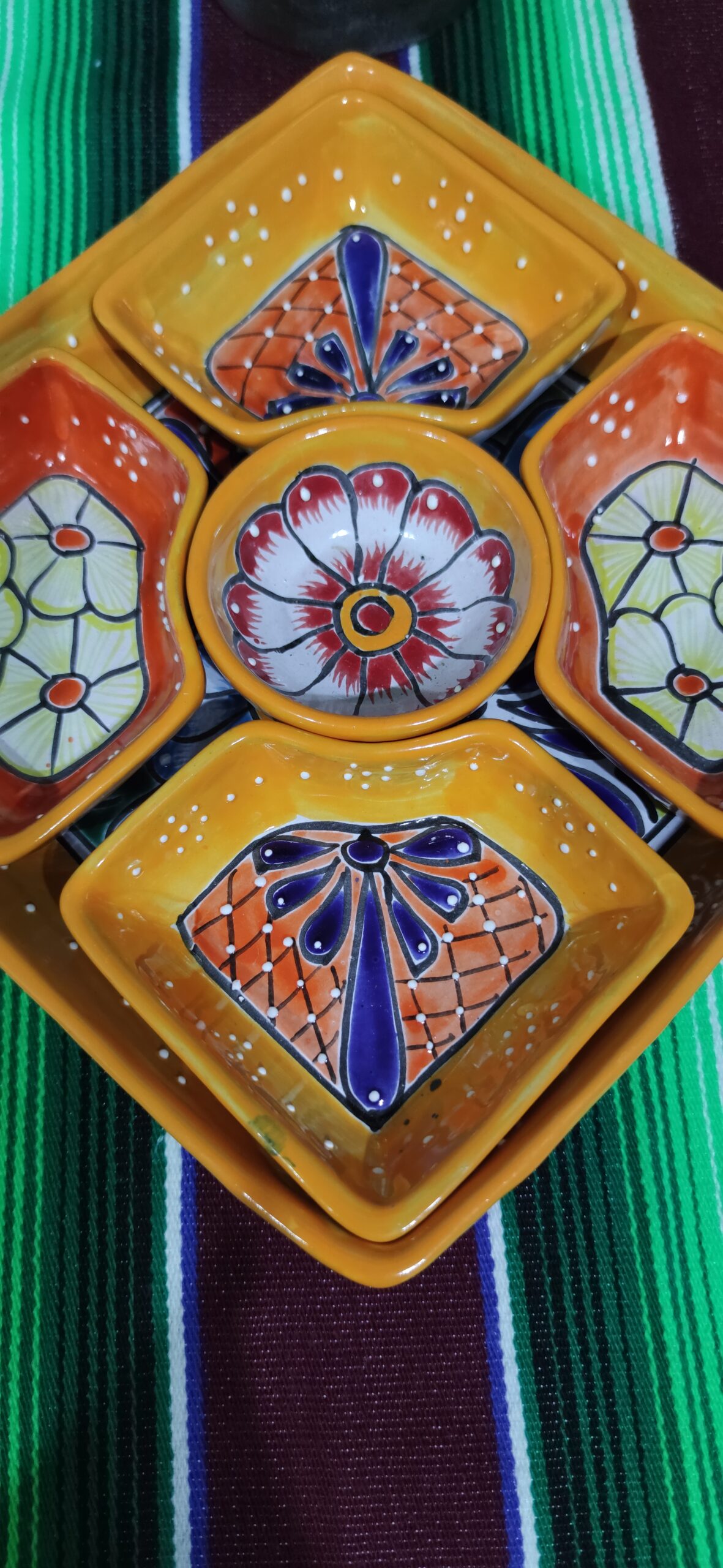 Mexican Hand Made Ceramic Talavera Style Square Salsa Removable Bowls Folk Art