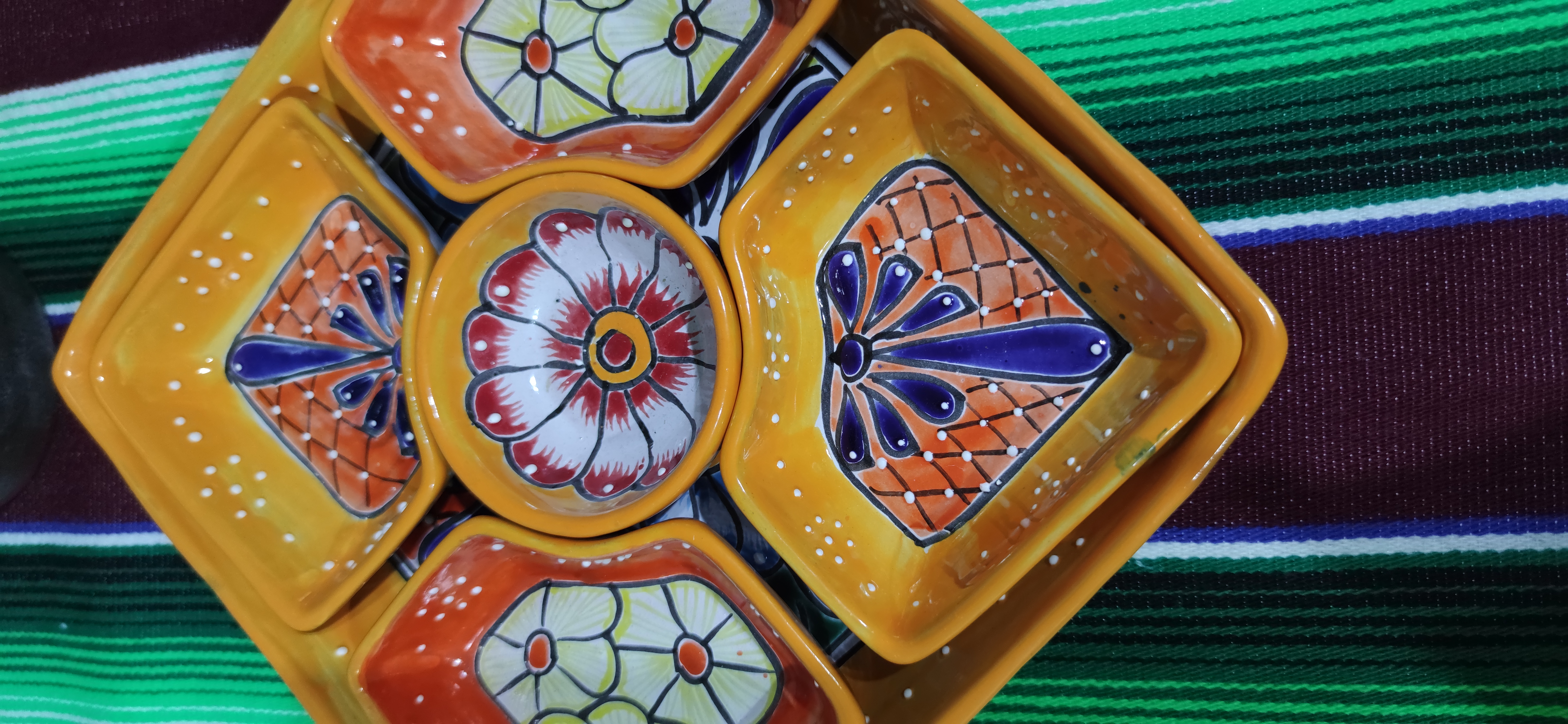 Mexican Hand Made Ceramic Talavera Style Square Salsa Removable Bowls Folk Art