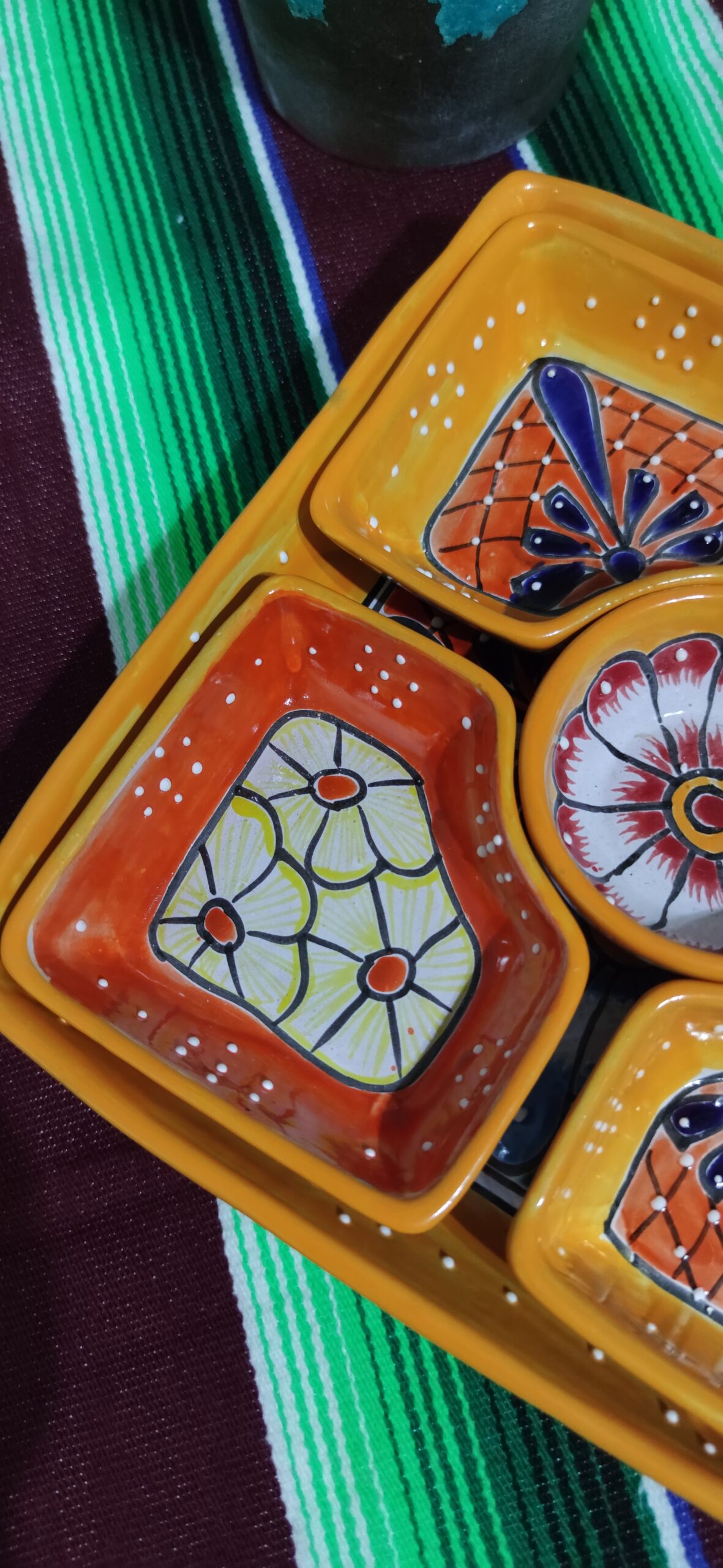 Mexican Hand Made Ceramic Talavera Style Square Salsa Removable Bowls Folk Art