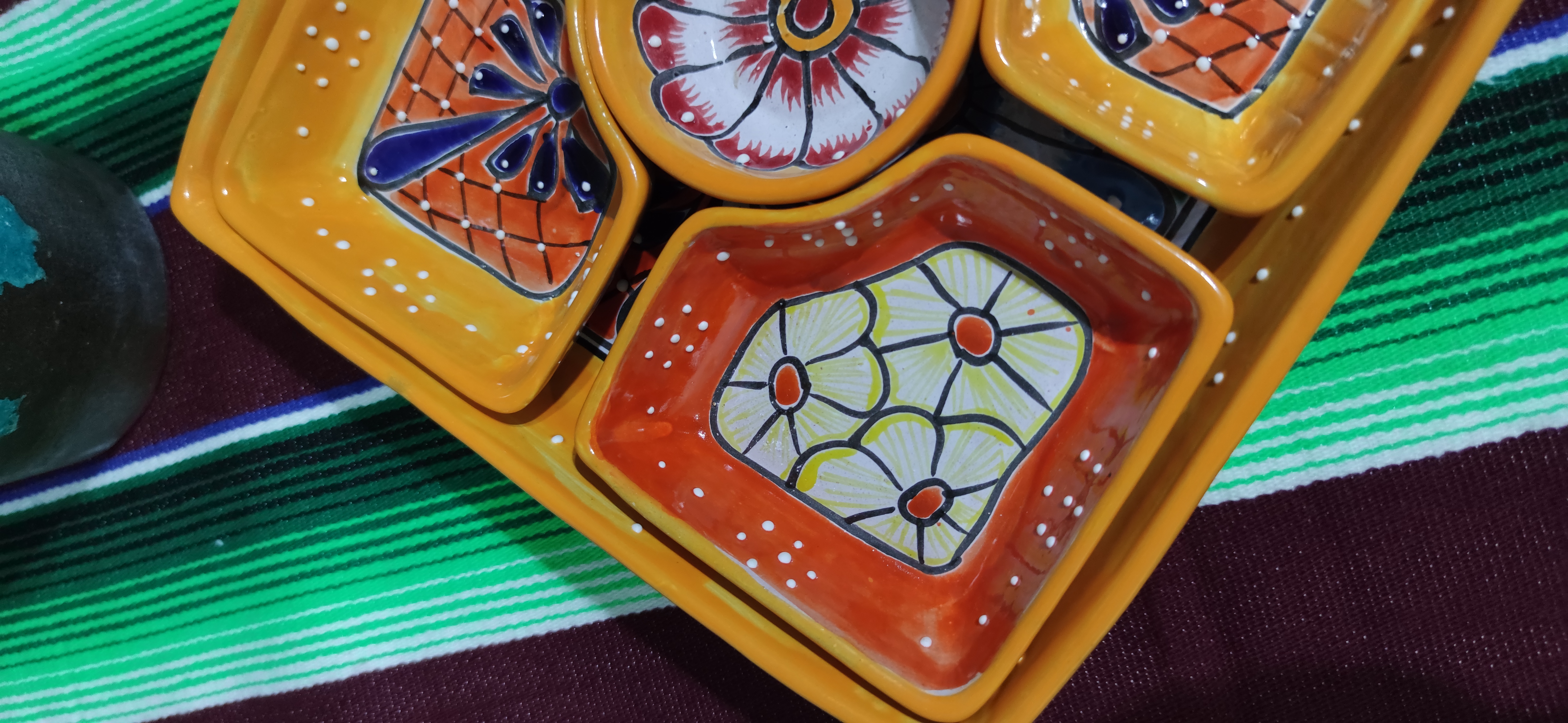 Mexican Hand Made Ceramic Talavera Style Square Salsa Removable Bowls Folk Art