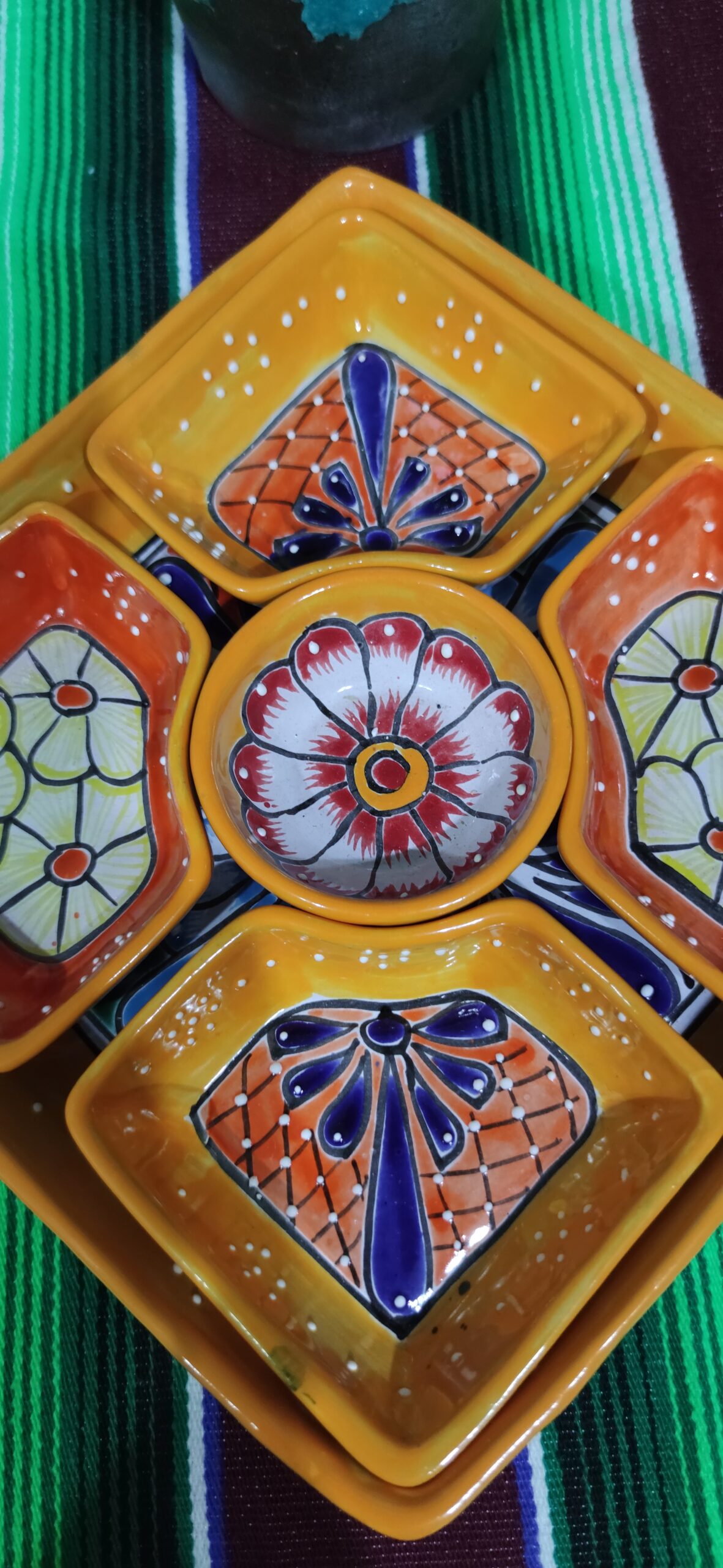 Mexican Hand Made Ceramic Talavera Style Square Salsa Removable Bowls Folk Art