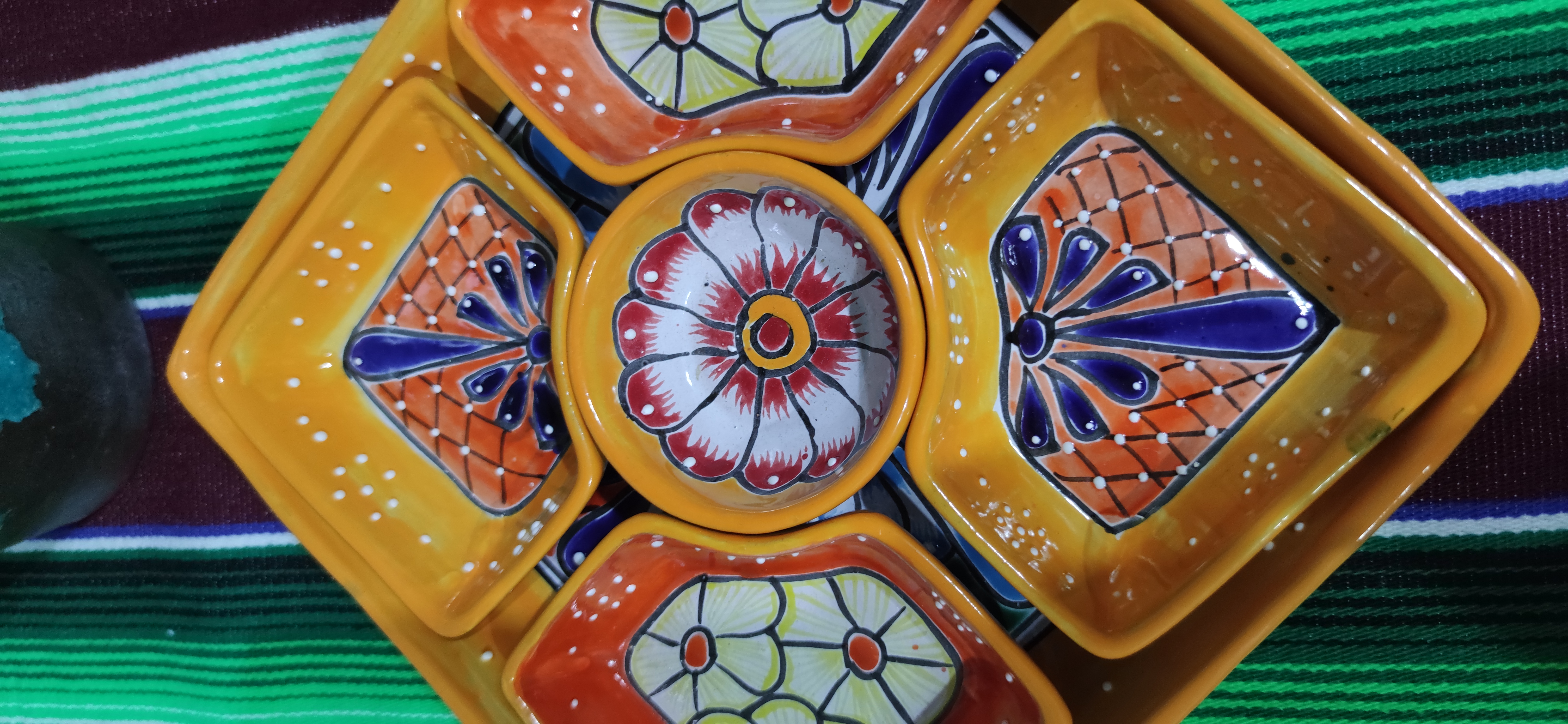 Mexican Hand Made Ceramic Talavera Style Square Salsa Removable Bowls Folk Art