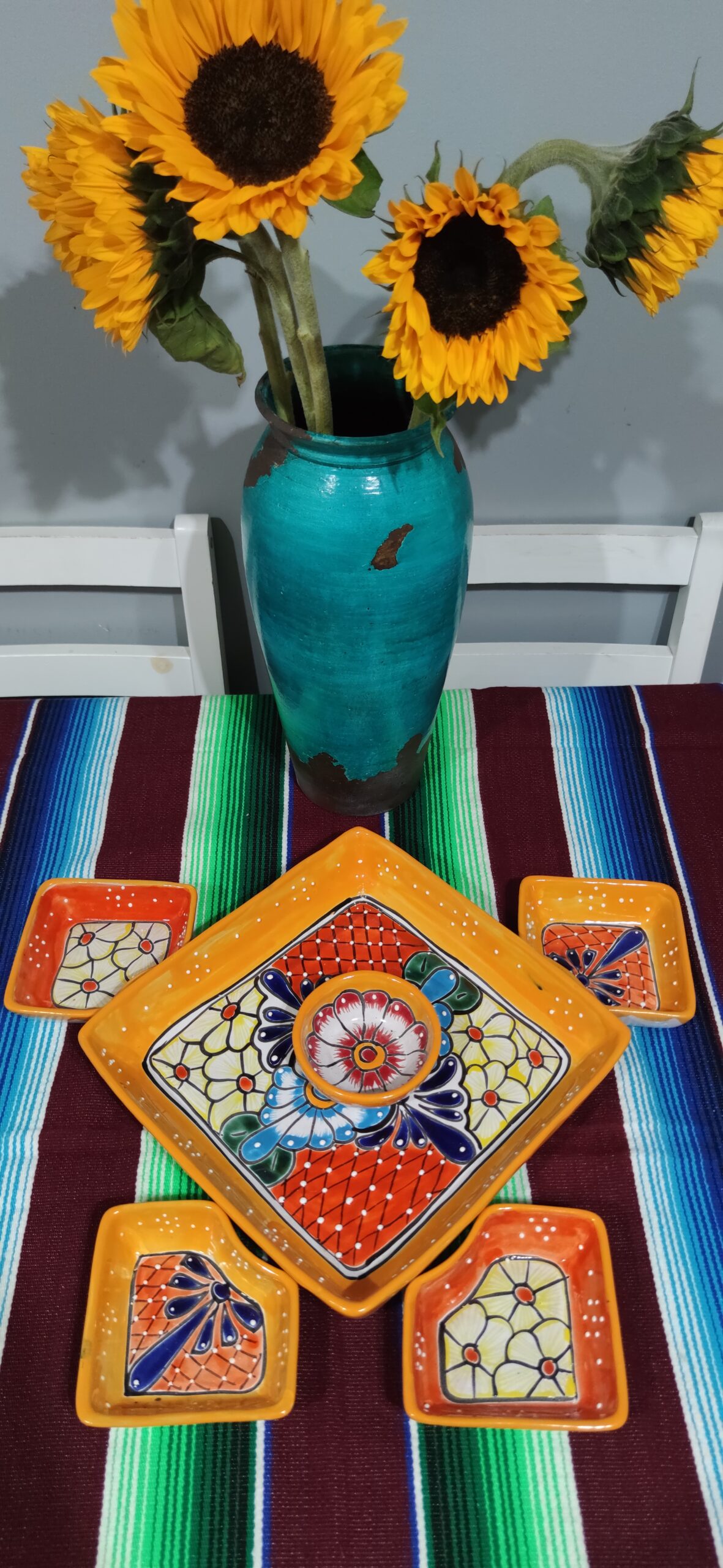 Mexican Hand Made Ceramic Talavera Style Square Salsa Removable Bowls Folk Art