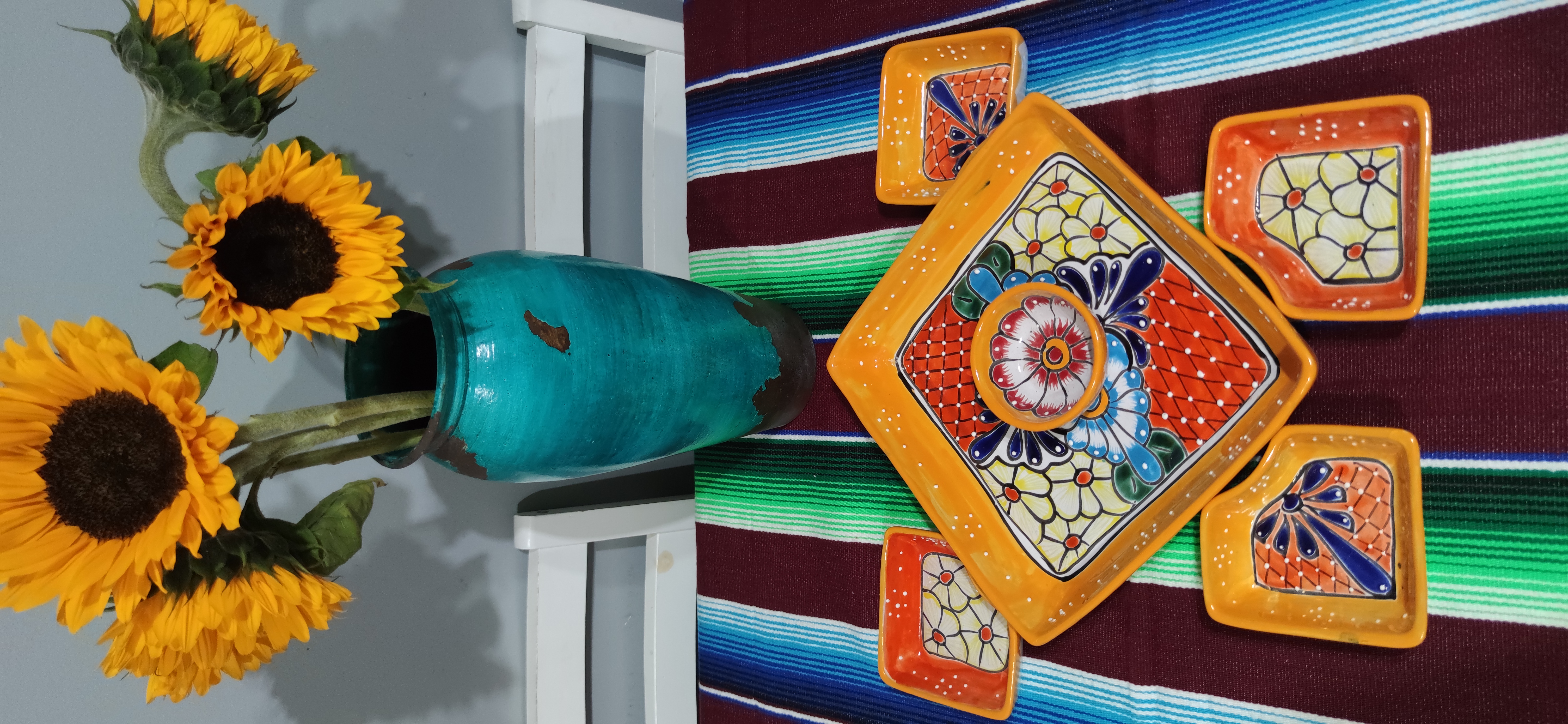 Mexican Hand Made Ceramic Talavera Style Square Salsa Removable Bowls Folk Art