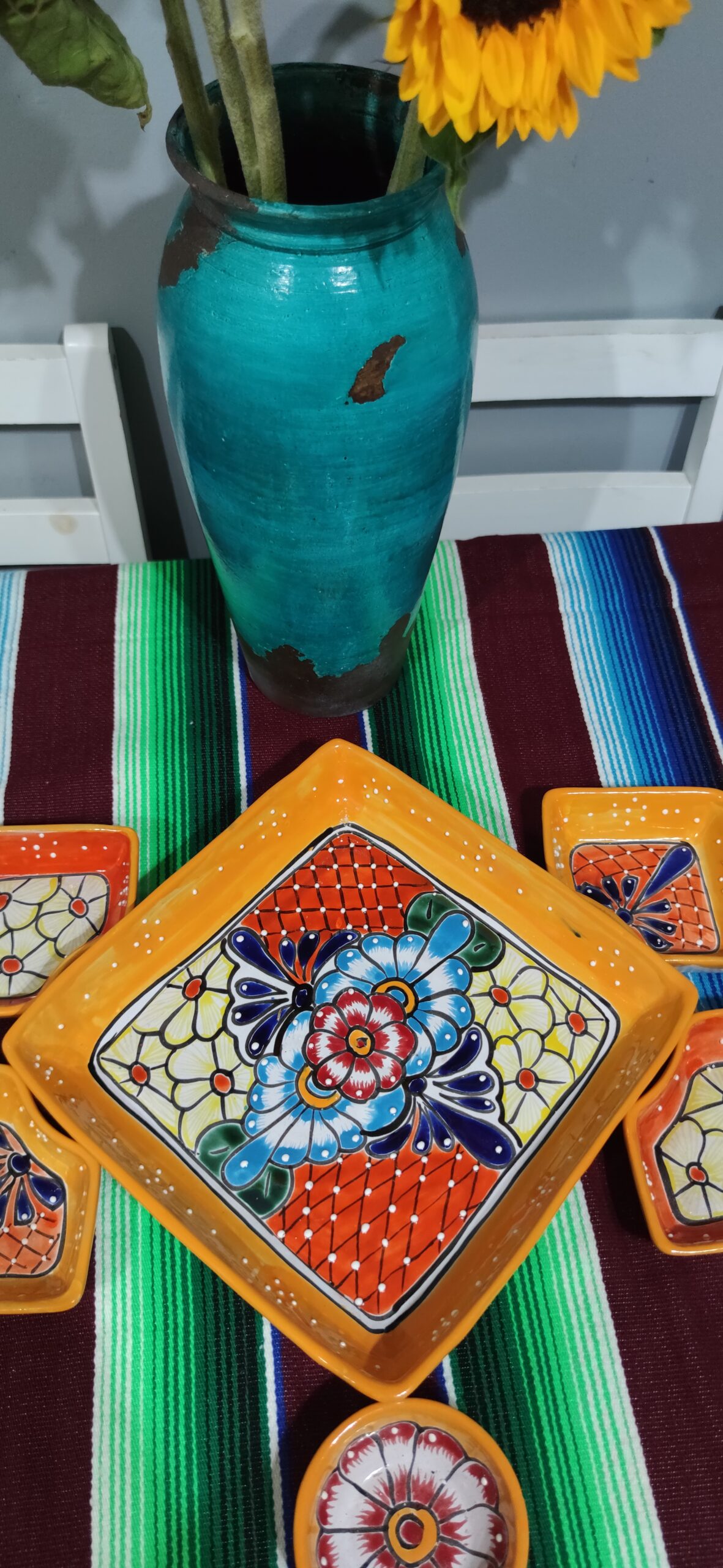 Mexican Hand Made Ceramic Talavera Style Square Salsa Removable Bowls Folk Art