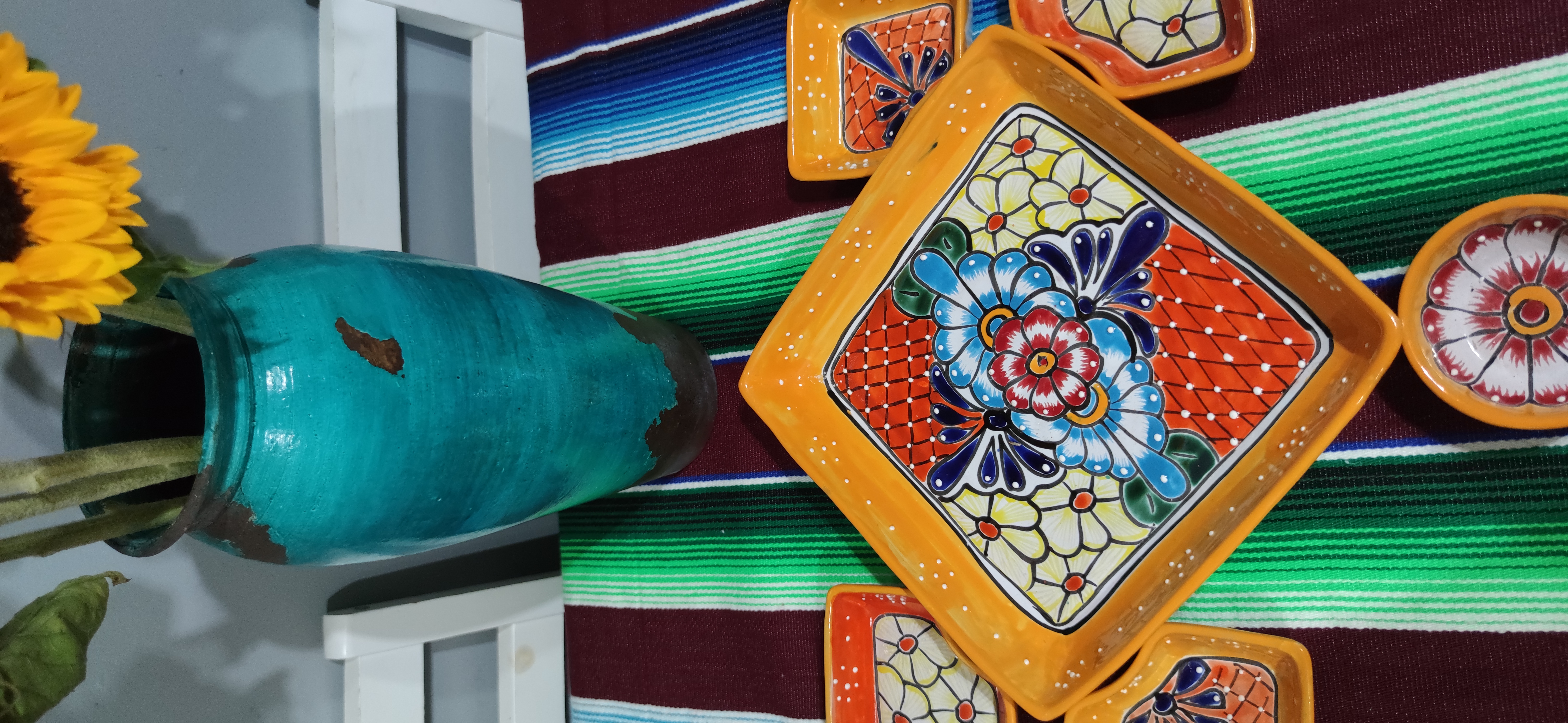 Mexican Hand Made Ceramic Talavera Style Square Salsa Removable Bowls Folk Art
