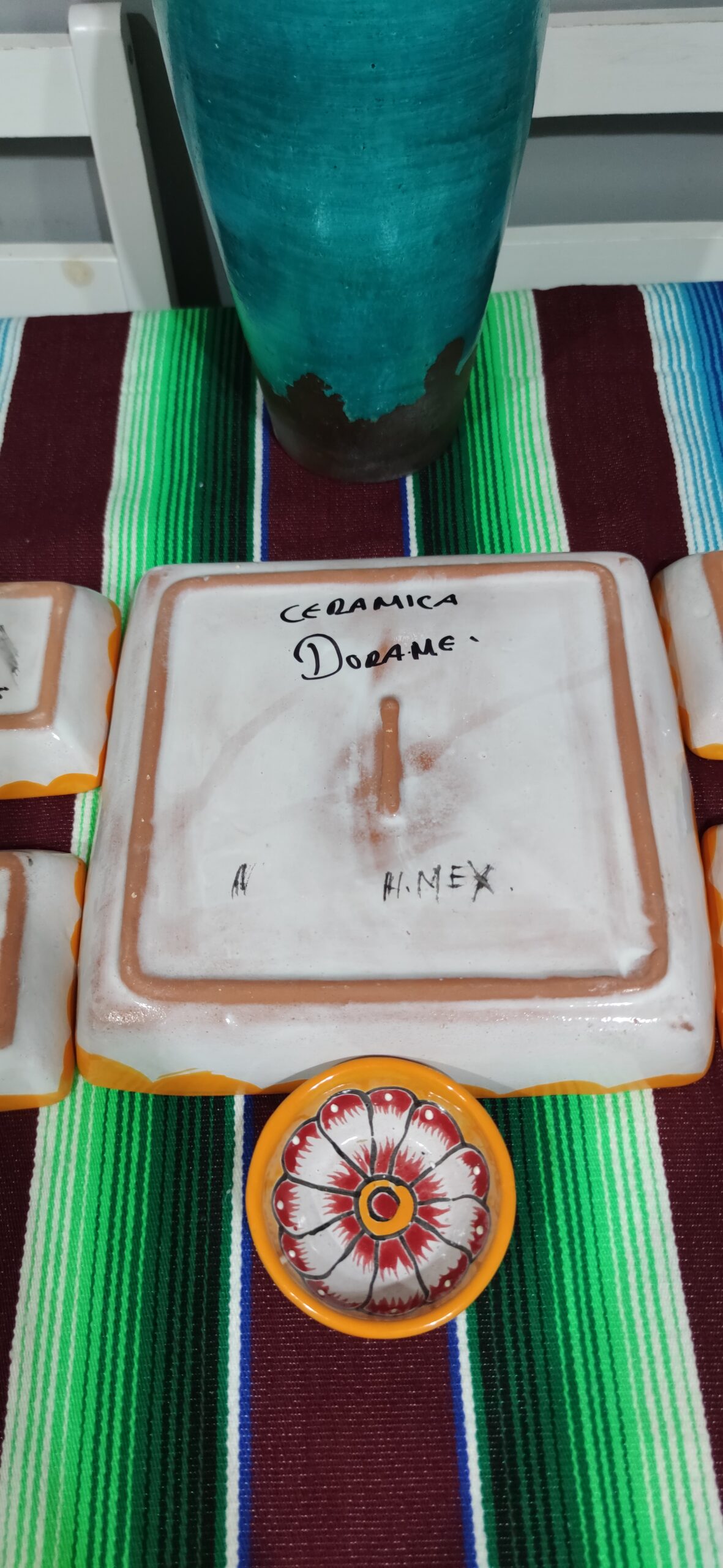 Mexican Hand Made Ceramic Talavera Style Square Salsa Removable Bowls Folk Art