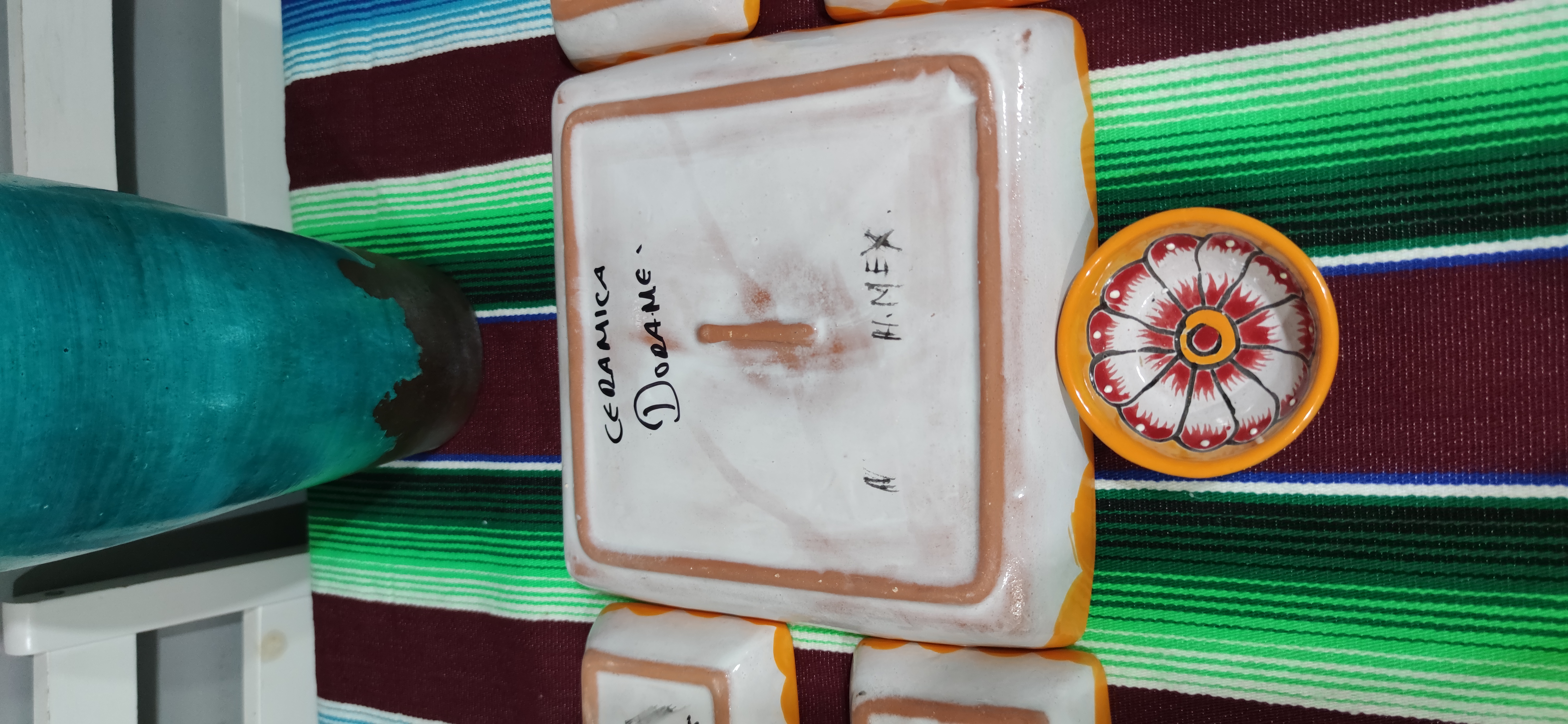 Mexican Hand Made Ceramic Talavera Style Square Salsa Removable Bowls Folk Art